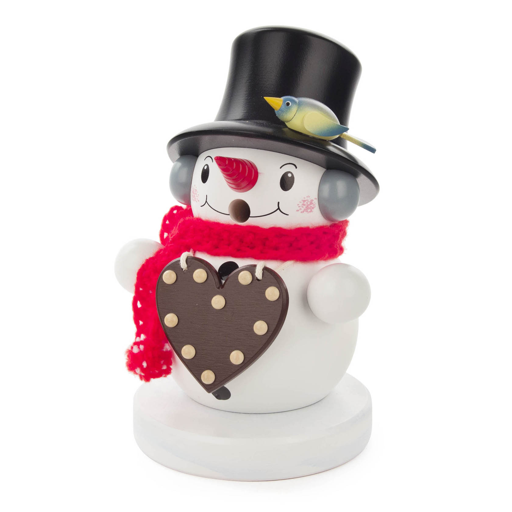 Ein Räuchermann in Form eines Schneemanns mit schwarzem Hut, rotem Schal und Lebkuchenherz am Bauch. Ein kleiner Vogel sitzt auf dem Hut. im Dregeno Online Shop günstig kaufen