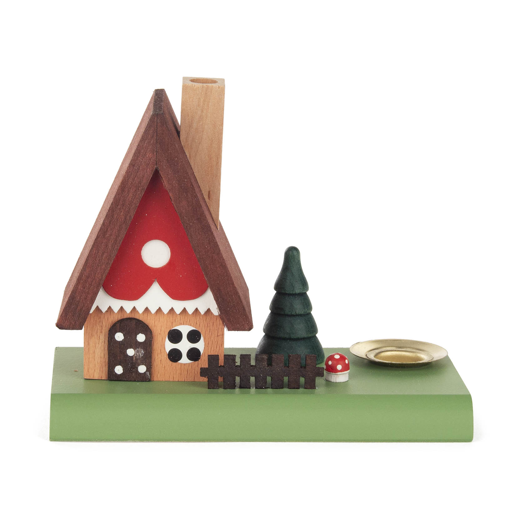 Dekoratives Räucherhaus in Form eines kleinen Märchenwald-Häuschens mit rotem Dach, Schornstein, einem Tannenbaum, Zaun und kleinem Pilz. im Dregeno Online Shop günstig kaufen