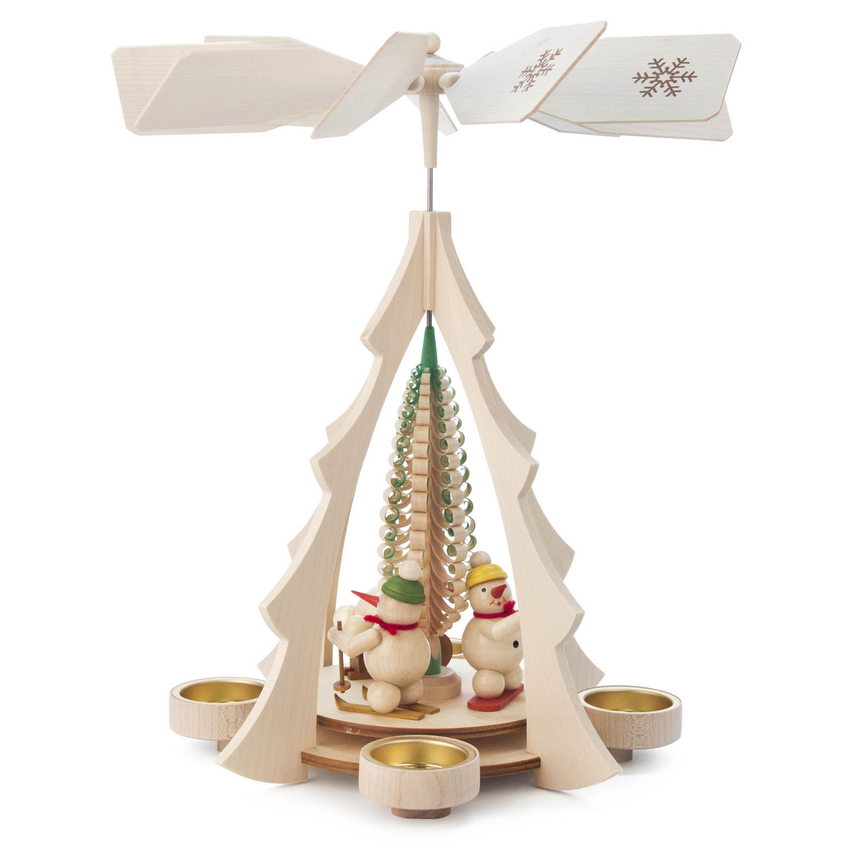 Holzpyramide in Form eines Tannenbaums mit zwei Schneemännern im Inneren, die zum Rotieren bestimmt ist. Vier Teelichthalter sind seitlich angebracht. im Dregeno Online Shop günstig kaufen