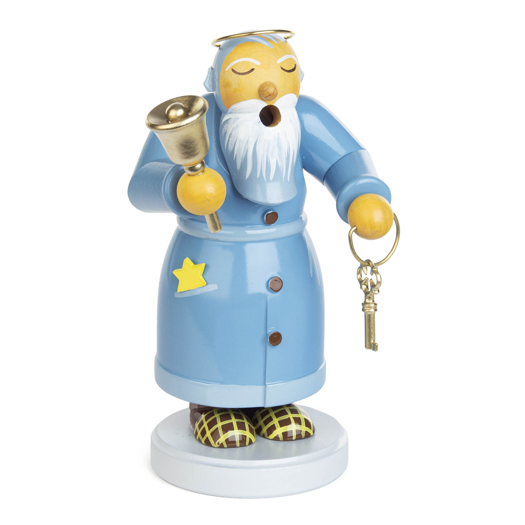 A wooden incense smoker figurine of Saint Peter, depicted with a blue coat, white beard, and holding keys and a bell. im Dregeno Online Shop günstig kaufen