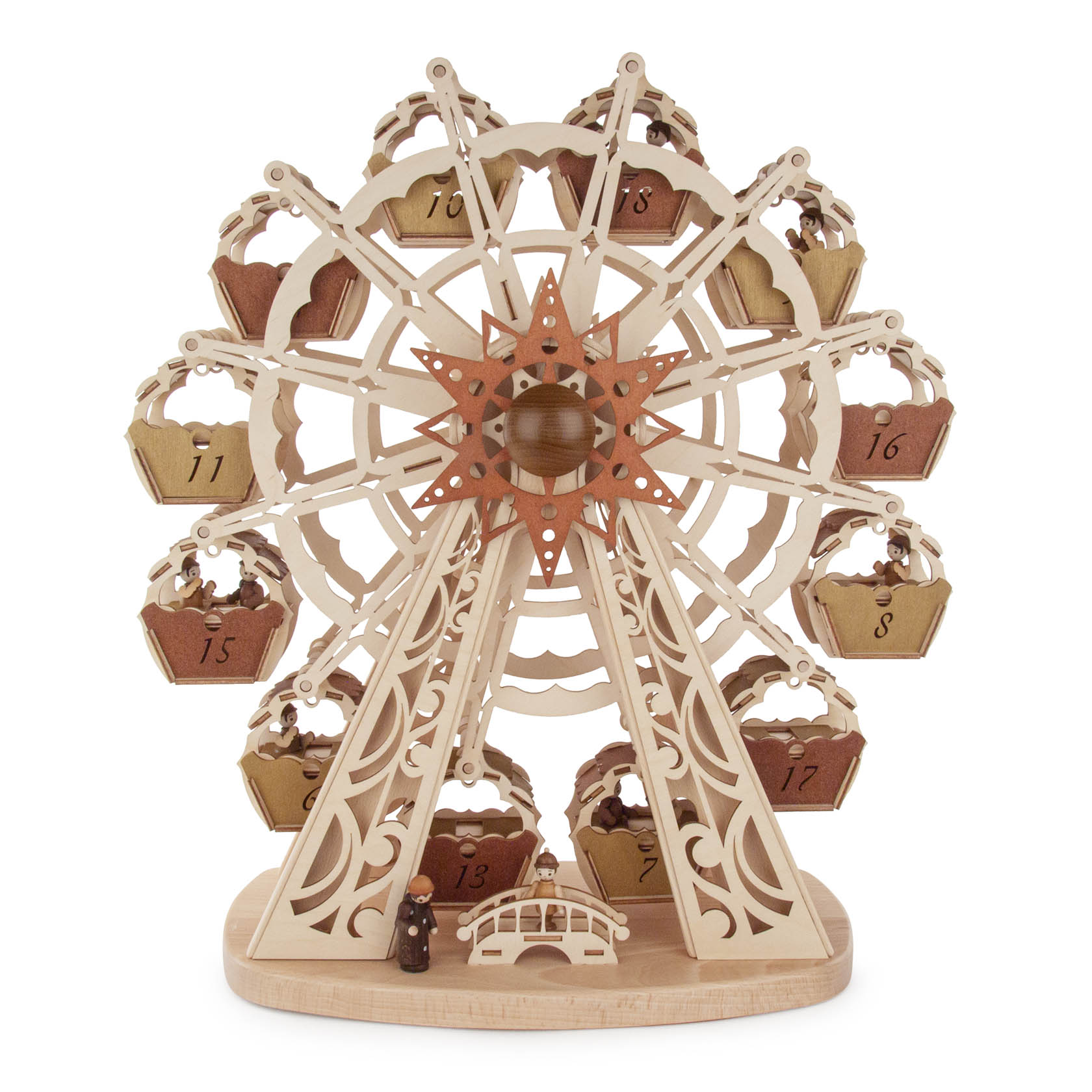 Holz-Adventskalender in Form eines Riesenrads mit 12 nummerierten Gondeln, LED-Lichtern und einem dekorativen Stern in der Mitte, manuell drehbar. im Dregeno Online Shop günstig kaufen