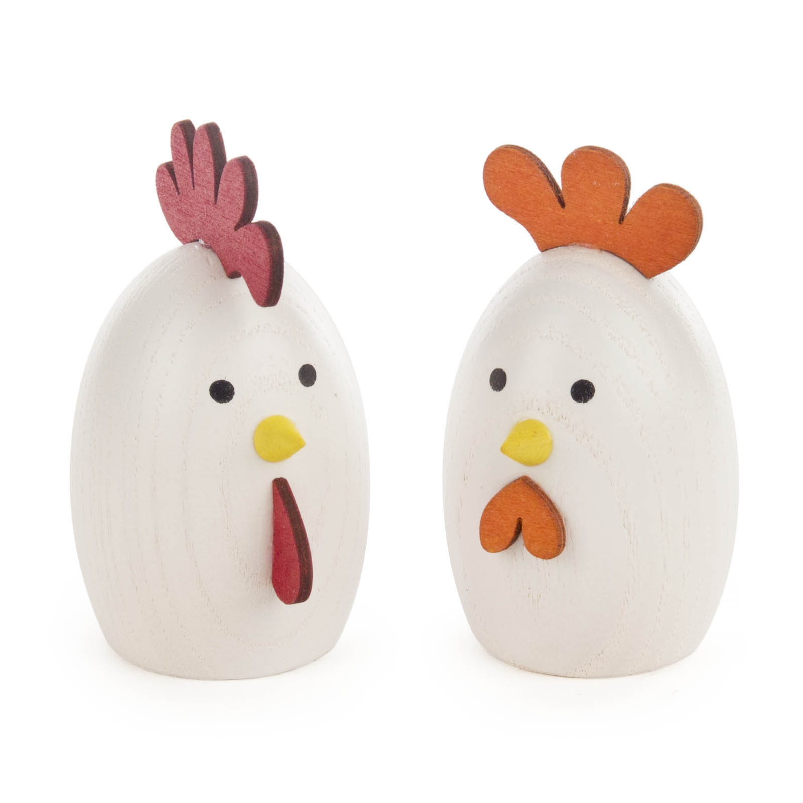 Zwei Holzeier-Figuren, die einen Hahn und eine Henne darstellen, mit roten und orangenen Kämmen und Schnäbeln. im Dregeno Online Shop günstig kaufen