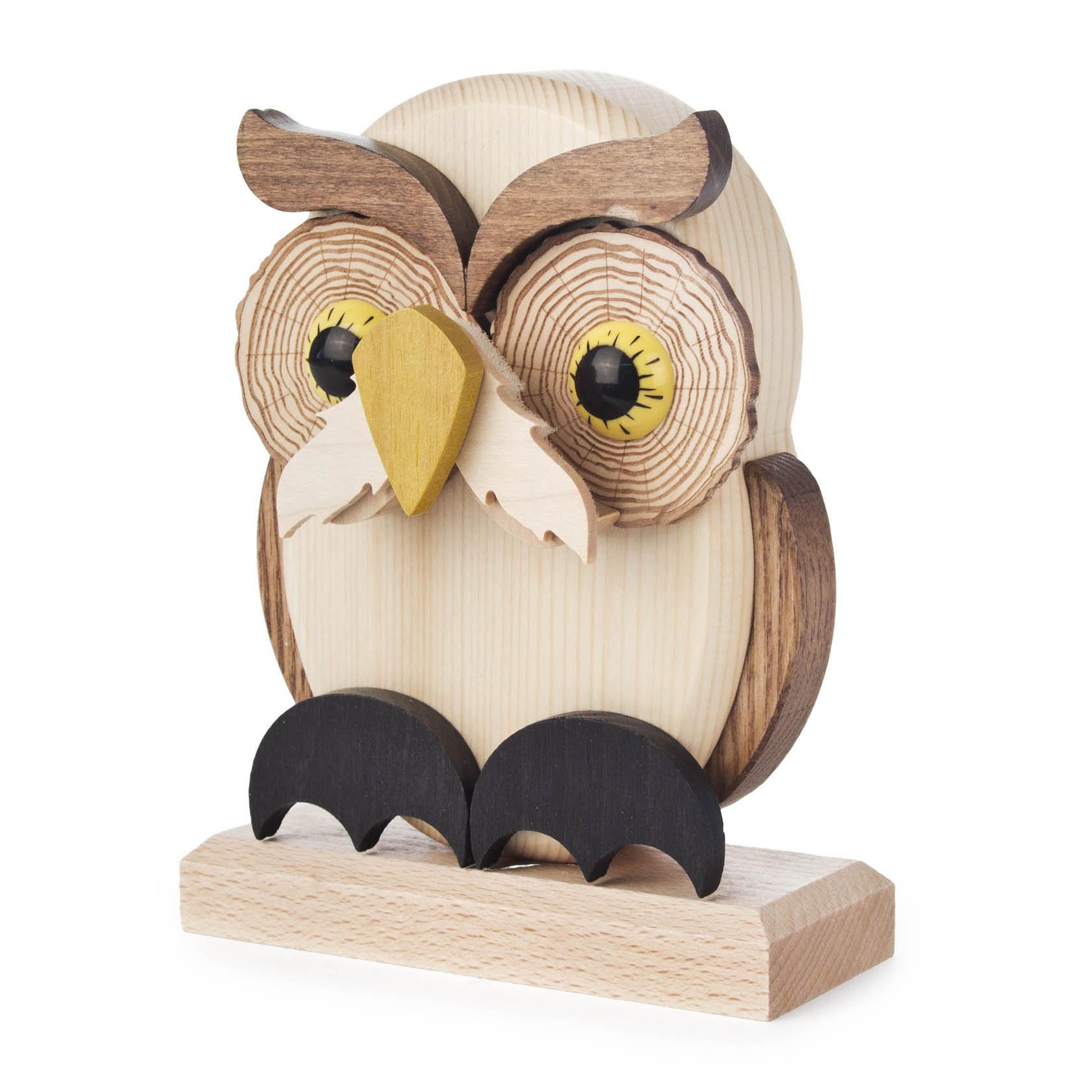 A wooden owl-shaped eyeglass holder with detailed carving, standing on a wooden base.