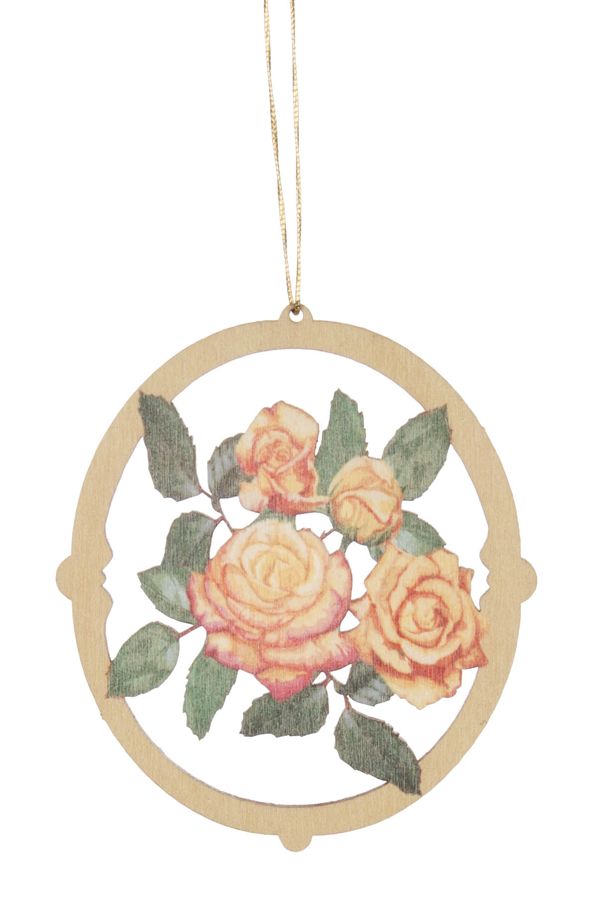 Holzscheibe mit Ausschnitt von gelben und orangefarbenen Rosen, die mit grünem Laub verziert sind. Ein goldenes Band dient zur Aufhängung. im Dregeno Online Shop günstig kaufen
