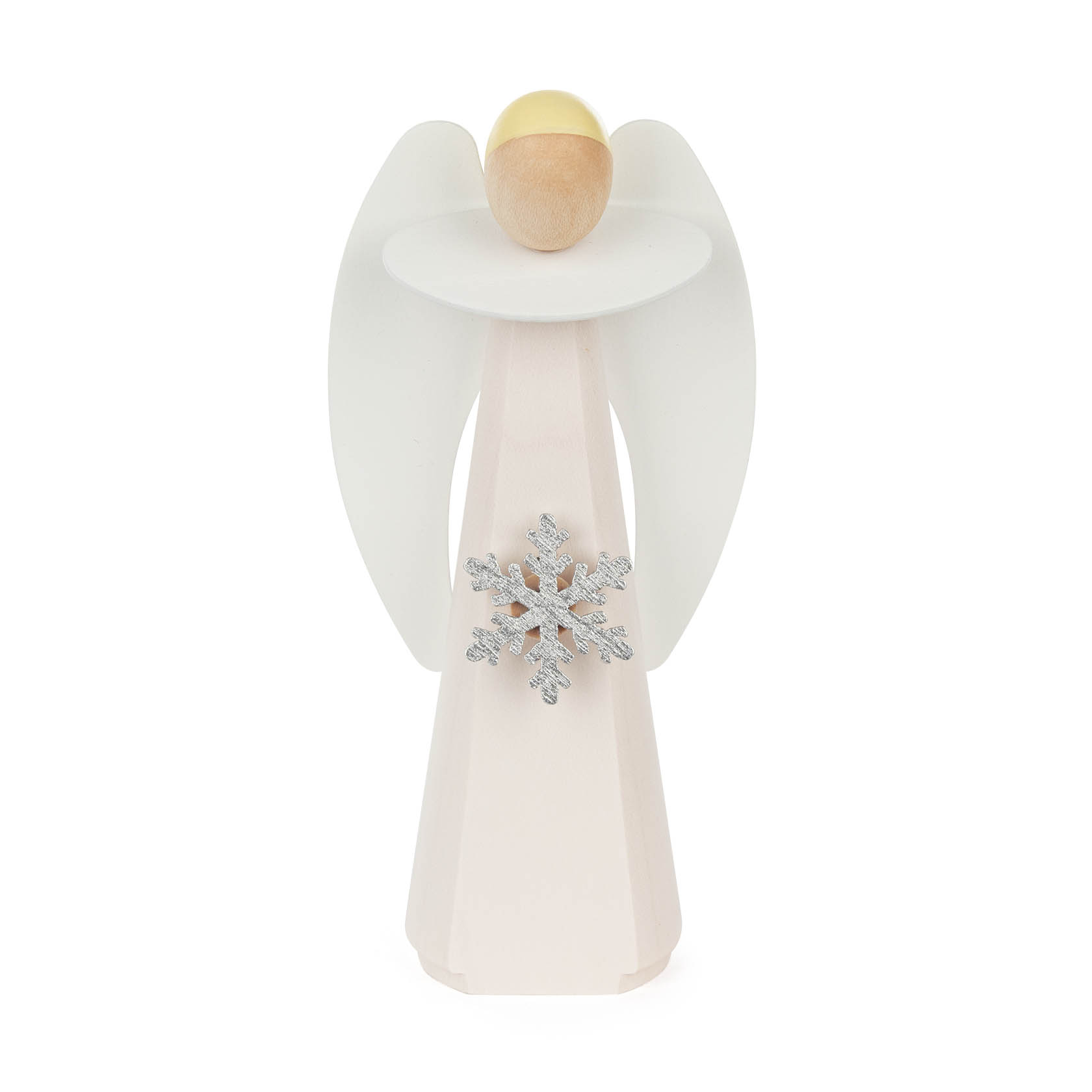 White wooden angel figurine with a gold halo and a silver snowflake decoration, standing 11 cm tall. im Dregeno Online Shop günstig kaufen