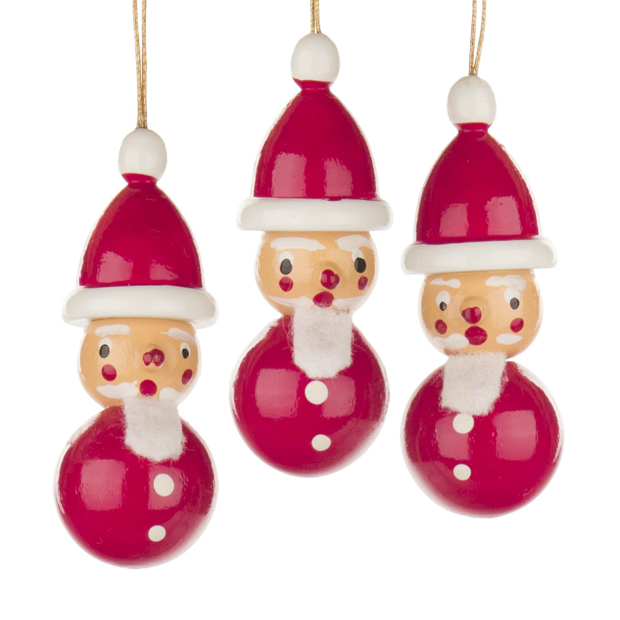 Drei hängende rote und weiße Weihnachtsmann-Anhänger aus Holz mit runden Körpern und Bärten. im Dregeno Online Shop günstig kaufen