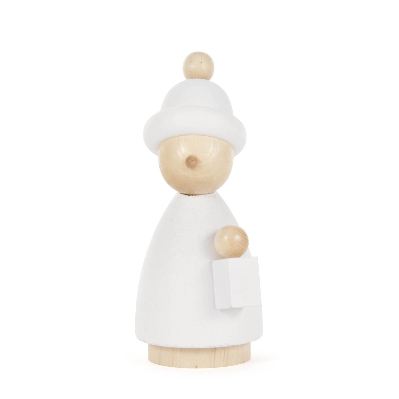 Holzfigur eines Kurrendekindes in weiß, trägt eine Laterne in der Hand. Die Figur hat einen runden Kopf mit einem kleinen Hut. im Dregeno Online Shop günstig kaufen