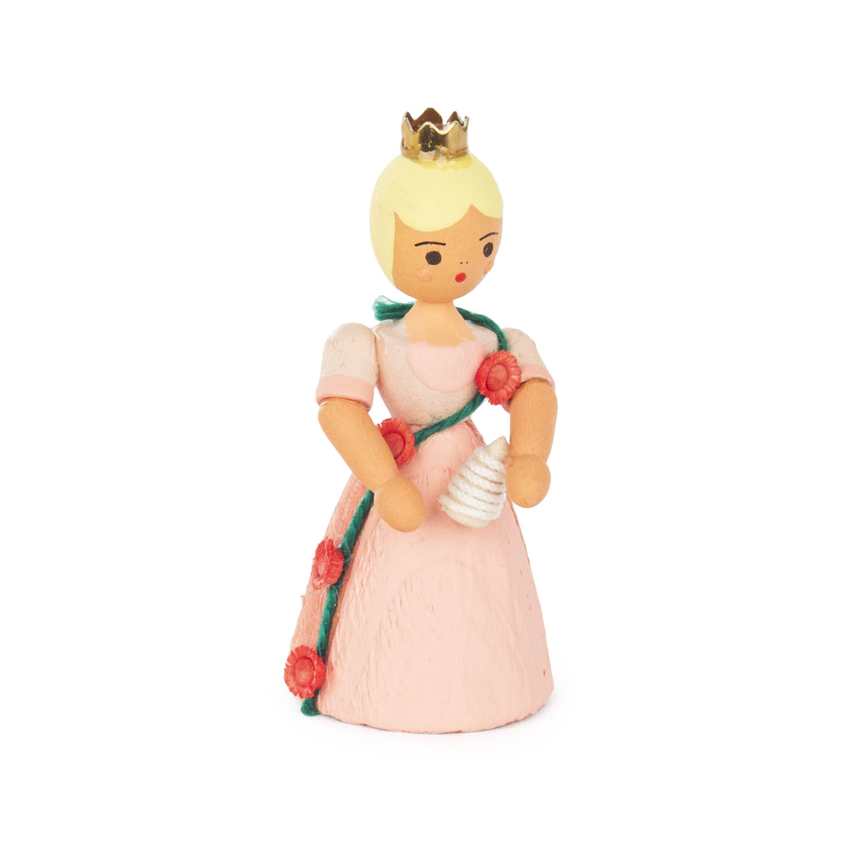 Holzfigur einer Prinzessin mit blonden Haaren, rosa Kleid, Krone und Spindel in der Hand, inspiriert von Dornröschen. im Dregeno Online Shop günstig kaufen