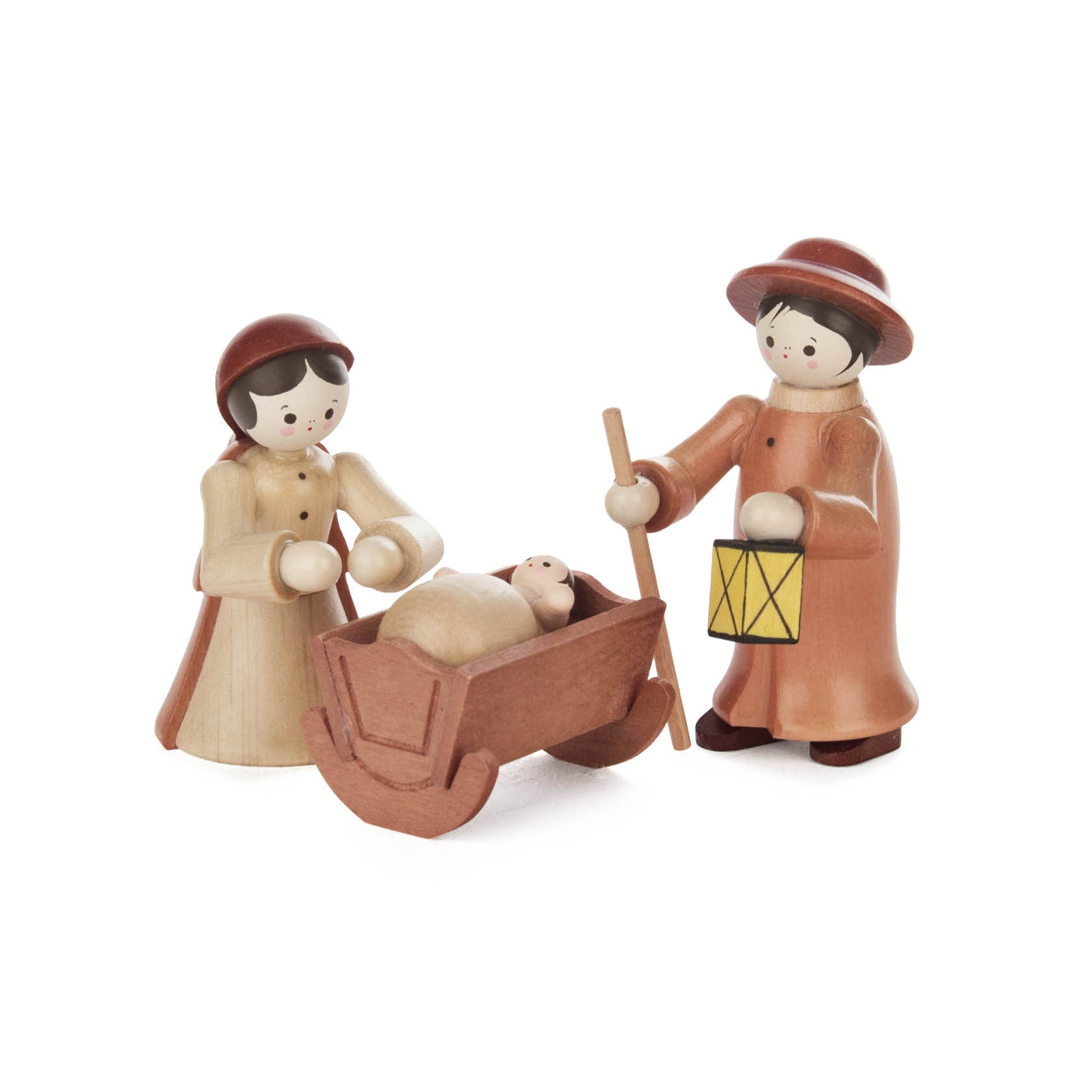 Holzfiguren der Heiligen Familie: Maria in hellem Kleid, Josef in braunem Mantel mit Laterne, neugeborenes Jesuskind in einer Krippe. im Dregeno Online Shop günstig kaufen