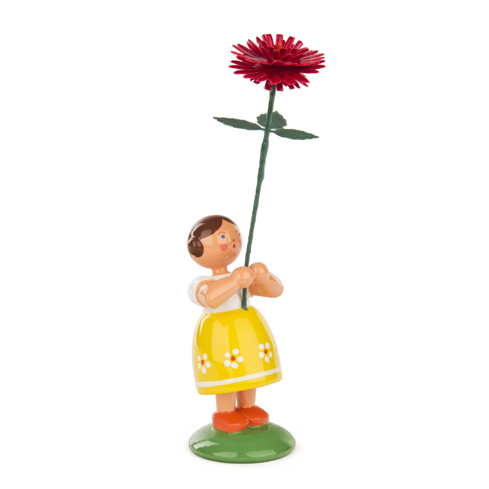 Holzfigur eines Mädchens im gelben Rock mit weißen Blumenmotiven, hält eine große rote Dahlie. im Dregeno Online Shop günstig kaufen