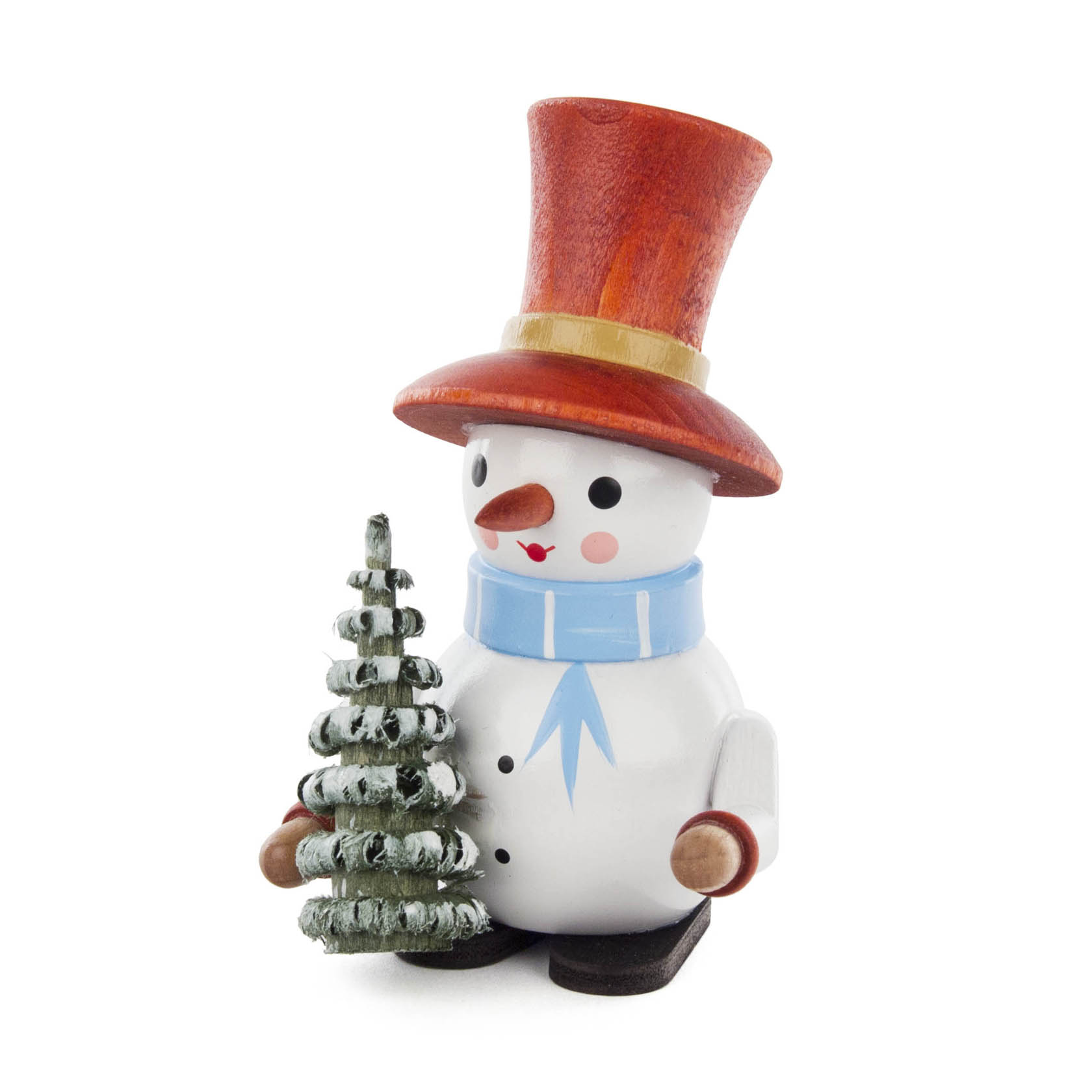 Holzschneemann 'Willy' mit rotem Hut, blauem Schal und kleinem geschmücktem Baum. im Dregeno Online Shop günstig kaufen