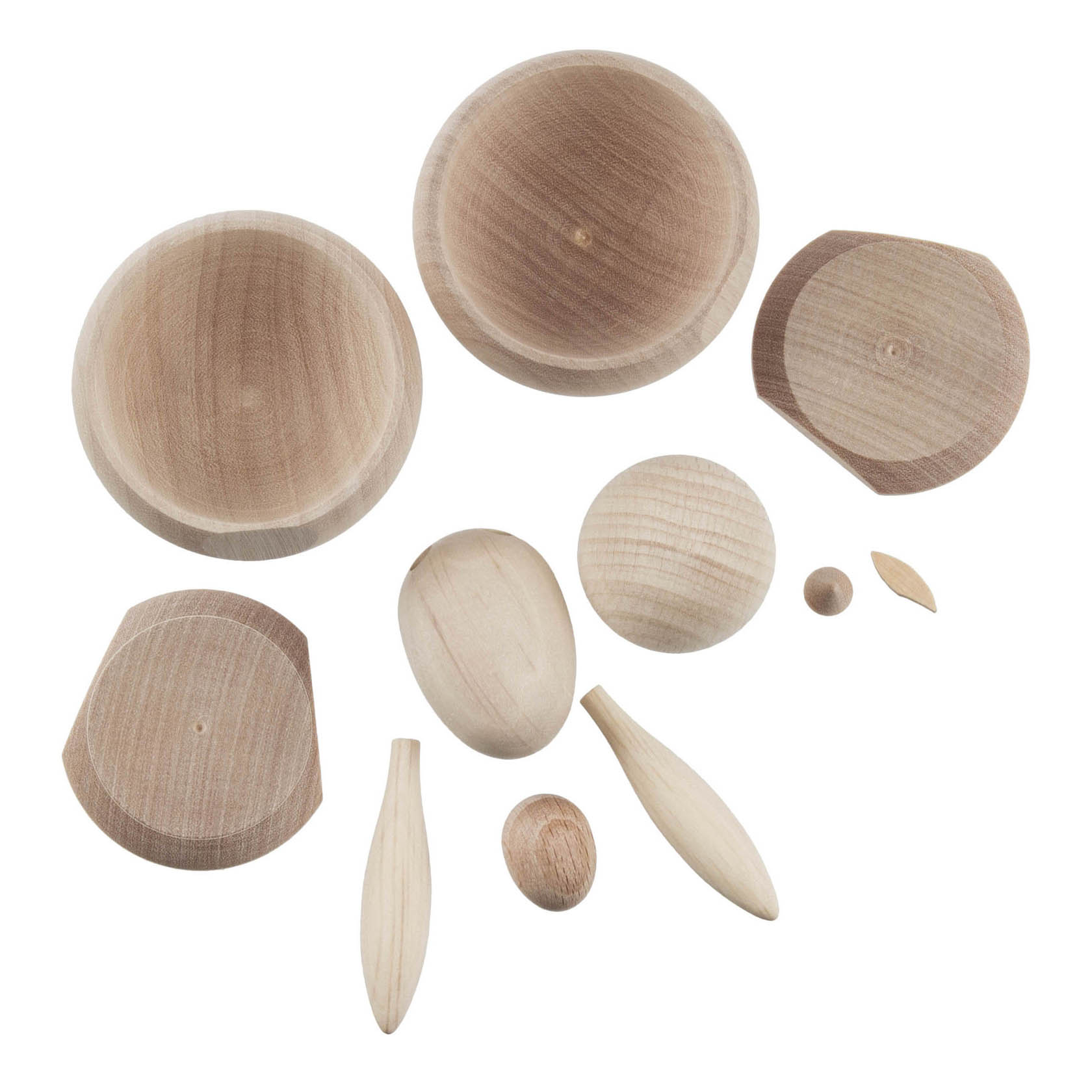 Wooden DIY kit for assembling an egg cup featuring parts resembling a bunny and chick with round and oval shapes.