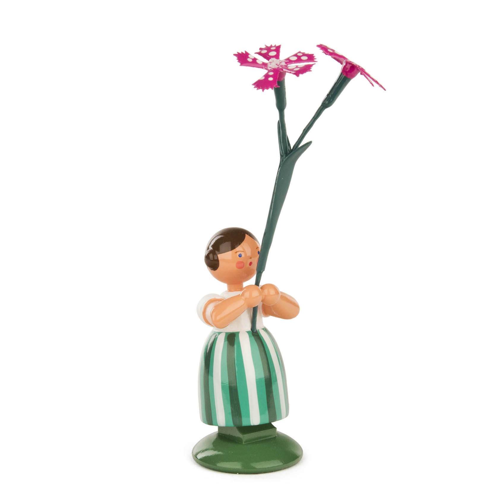 Eine Holzfigur eines Mädchens mit grün-weiß gestreiftem Kleid, das eine große Wiesennelke in der Hand hält. im Dregeno Online Shop günstig kaufen