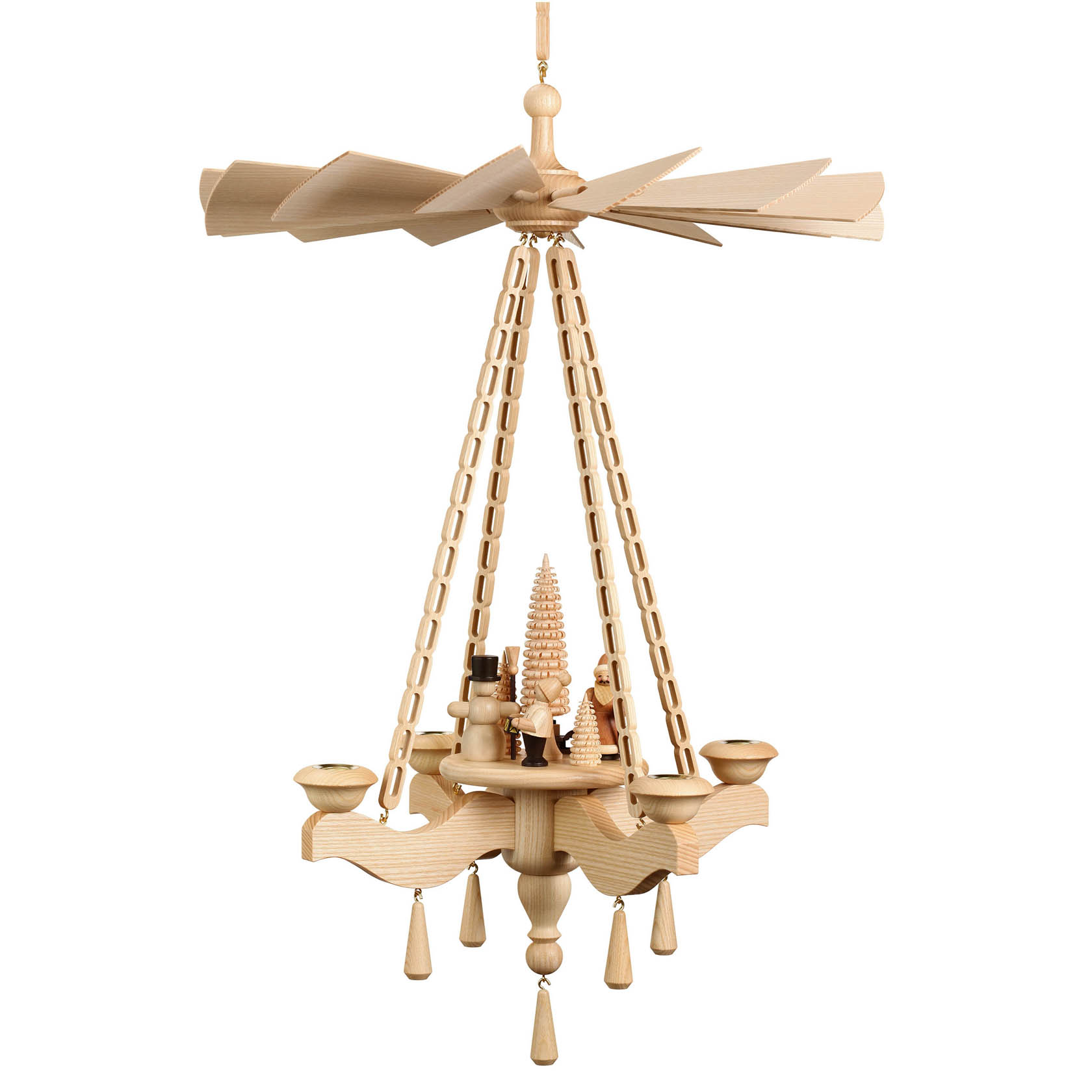 Holz-Hängepyramide mit Weihnachtsszene, drehbarem Flügelrad und vier Kerzenhaltern. im Dregeno Online Shop günstig kaufen