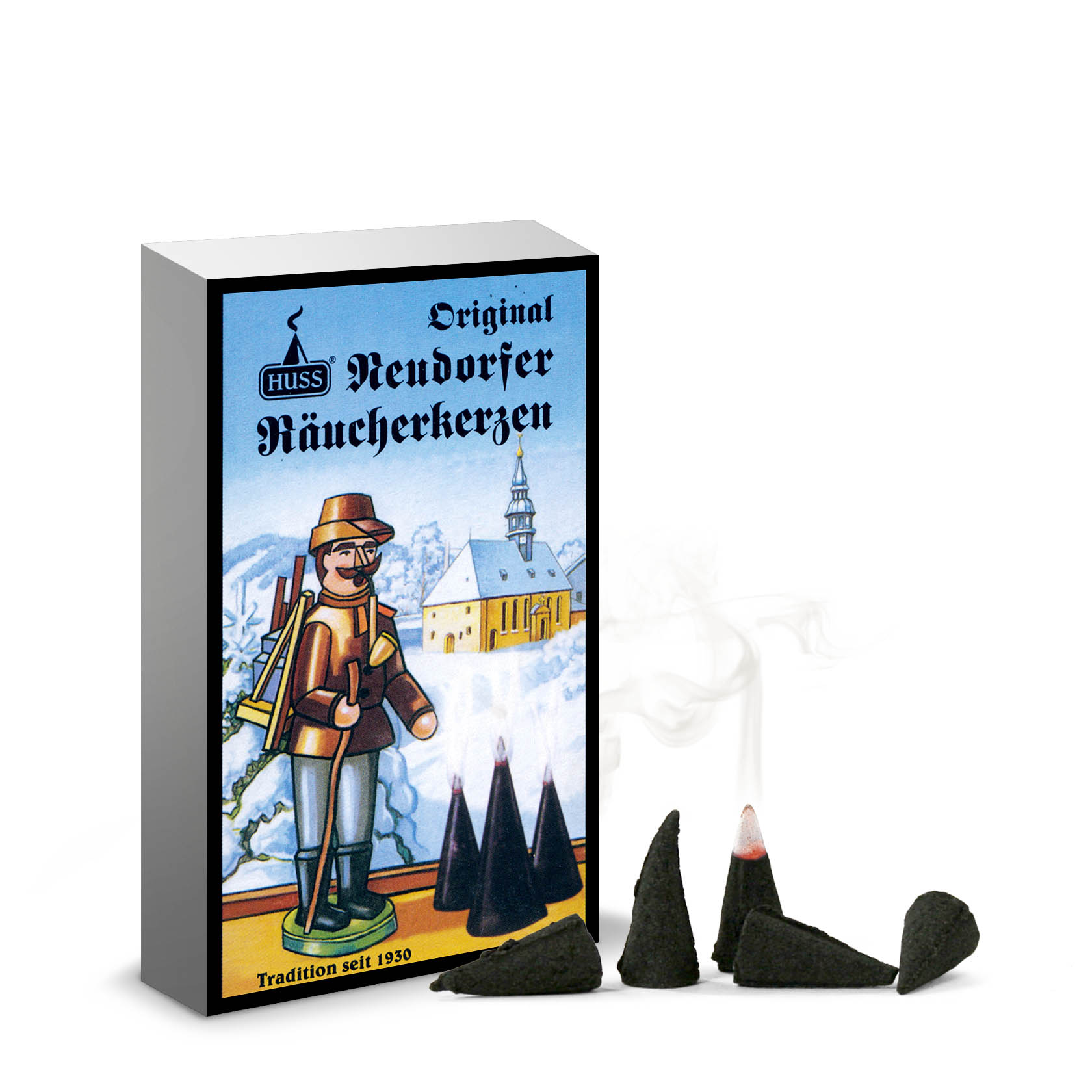 A box of Original Neudorfer incense cones with an illustration of a miner holding an axe, a church and town in the background. Four incense cones are displayed outside the box, one is lit and releasing smoke. im Dregeno Online Shop günstig kaufen