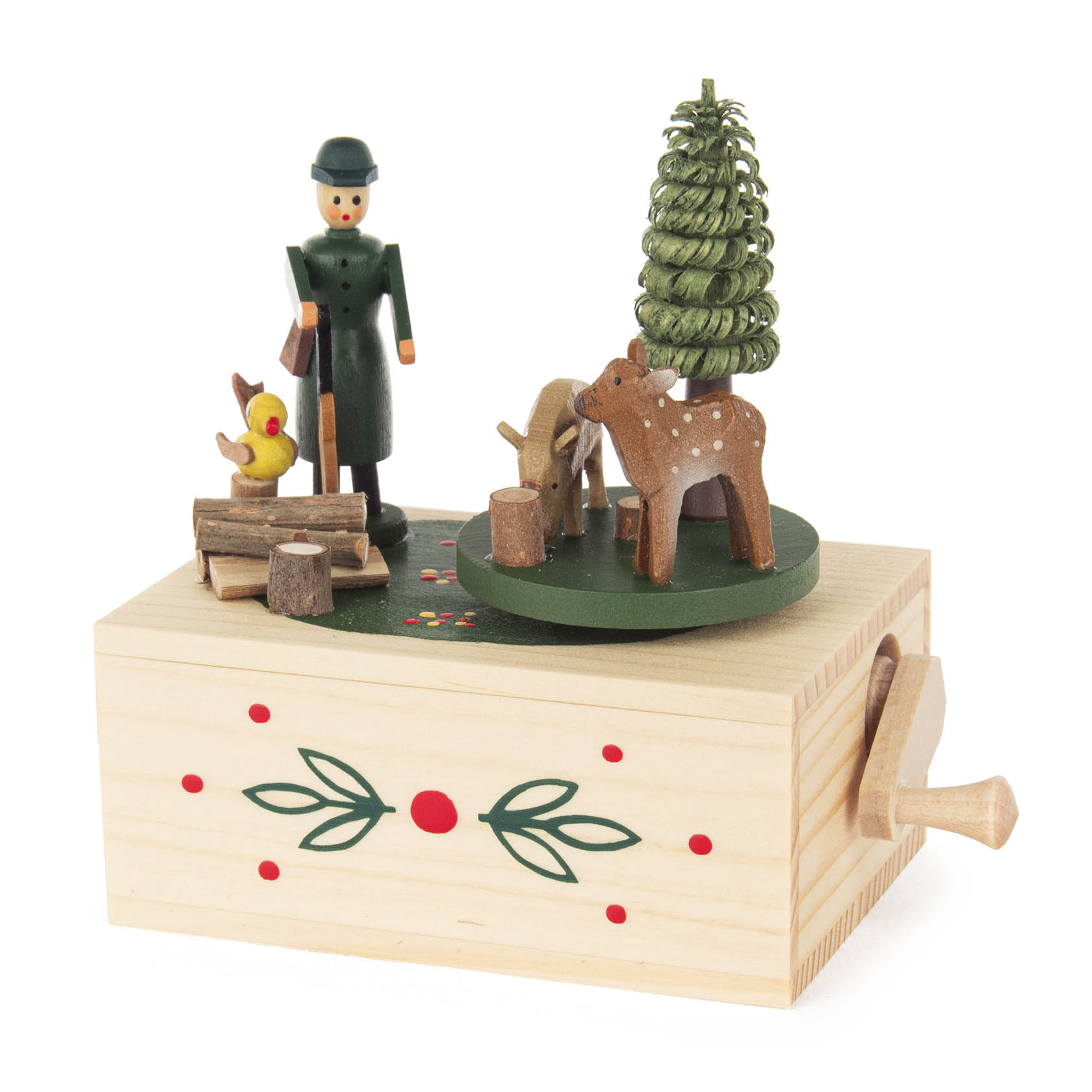 Holzspieluhr mit Jägerfigur, zwei Rehen und einer Ente. Auf einer Plattform steht ein Jäger in grüner Kleidung mit Hut, umrahmt von Tieren und einem Baum. im Dregeno Online Shop günstig kaufen