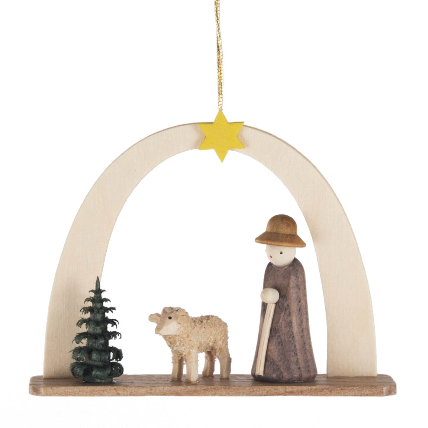 Eine Weihnachtsbaumdekoration aus Holz zeigt einen Hirten mit Stock und Hut, neben einem Schaf und einem kleinen Tannenbaum unter einem Bogen mit einem Stern. im Dregeno Online Shop günstig kaufen