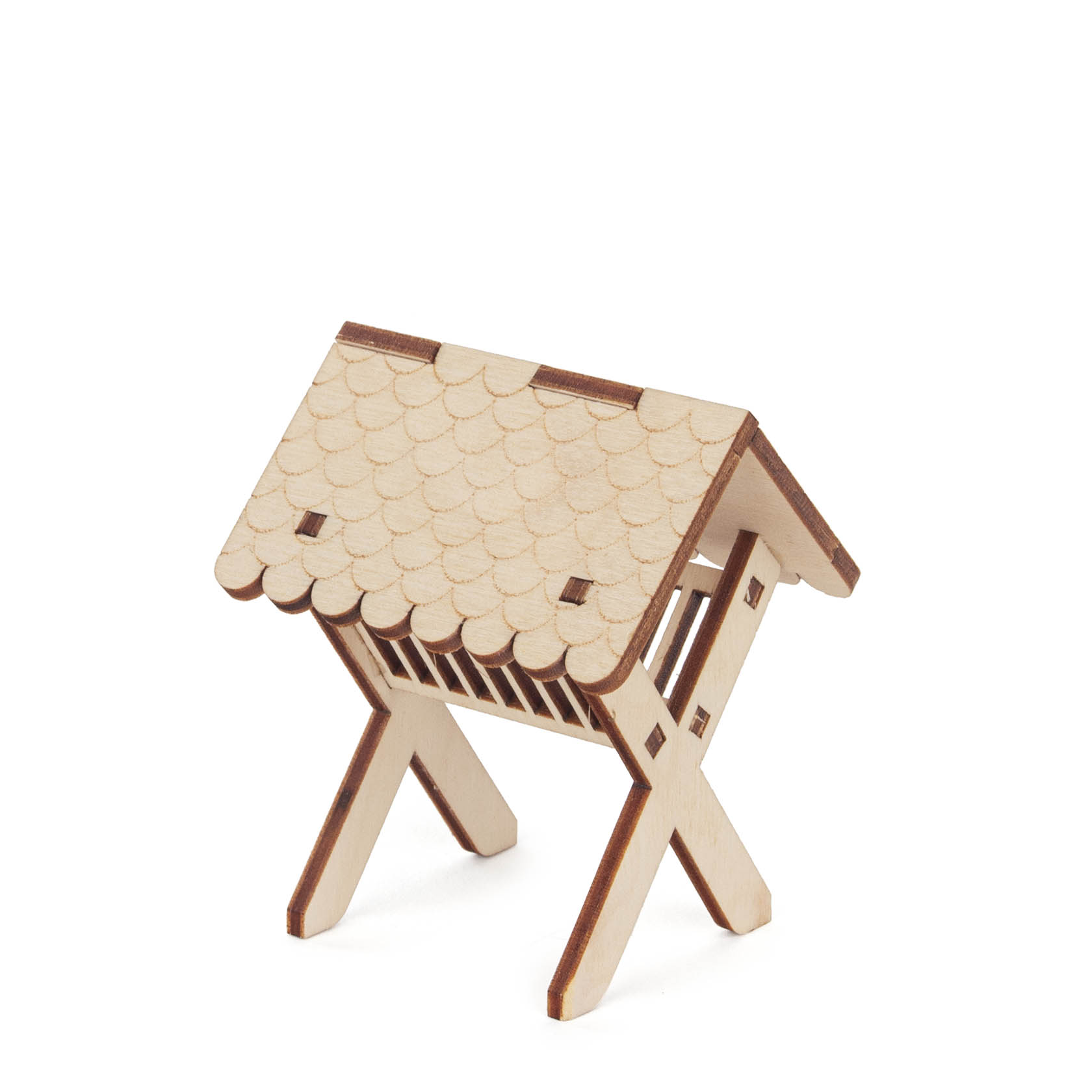 A small wooden manger with a slanted roof and supporting legs. im Dregeno Online Shop günstig kaufen