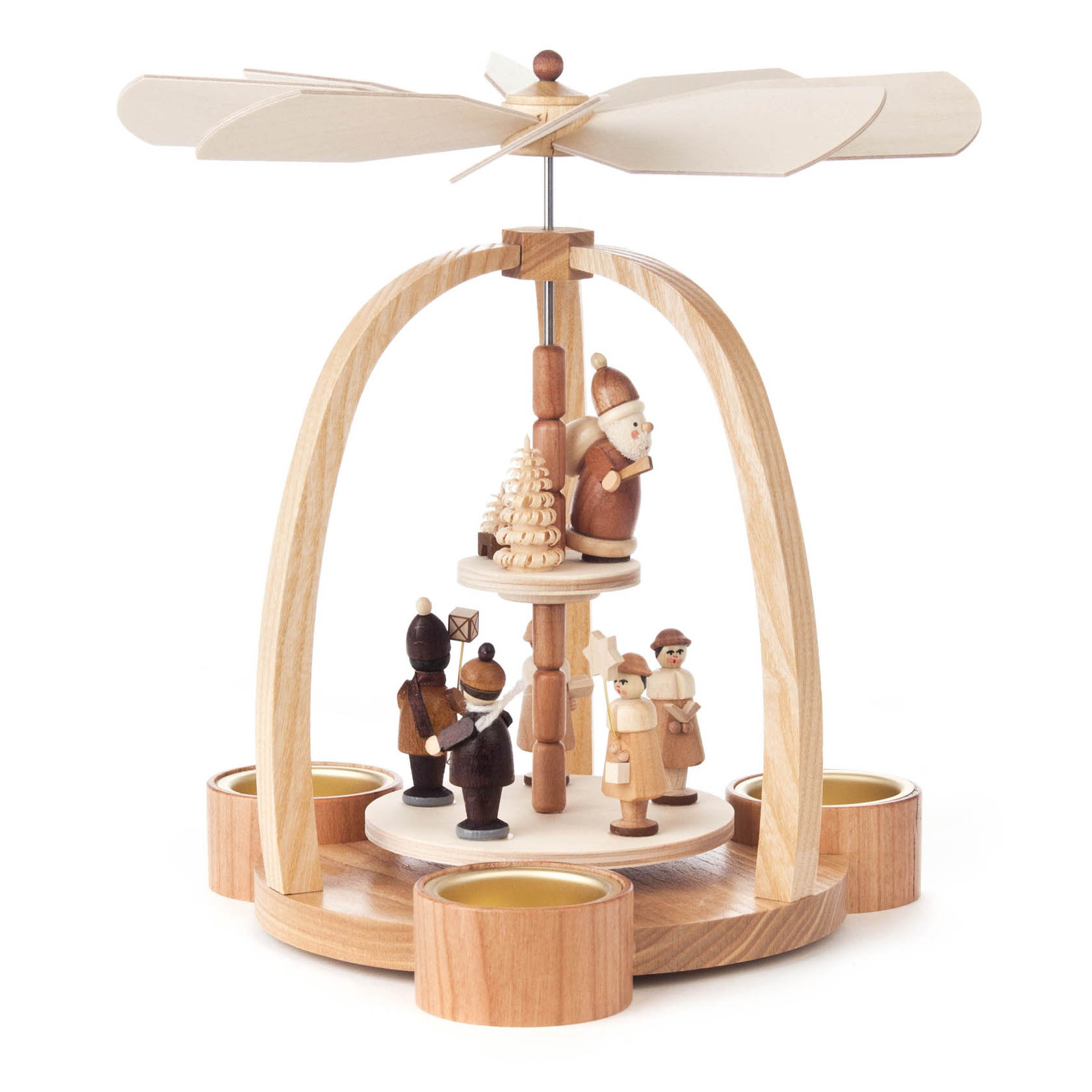 Holzpyramide mit Weihnachtsmann oben, darunter Kurrende-Figuren und Laternenkinder, umgeben von Teelichthaltern. Sie ist zweistöckig mit Holzpropeller. im Dregeno Online Shop günstig kaufen