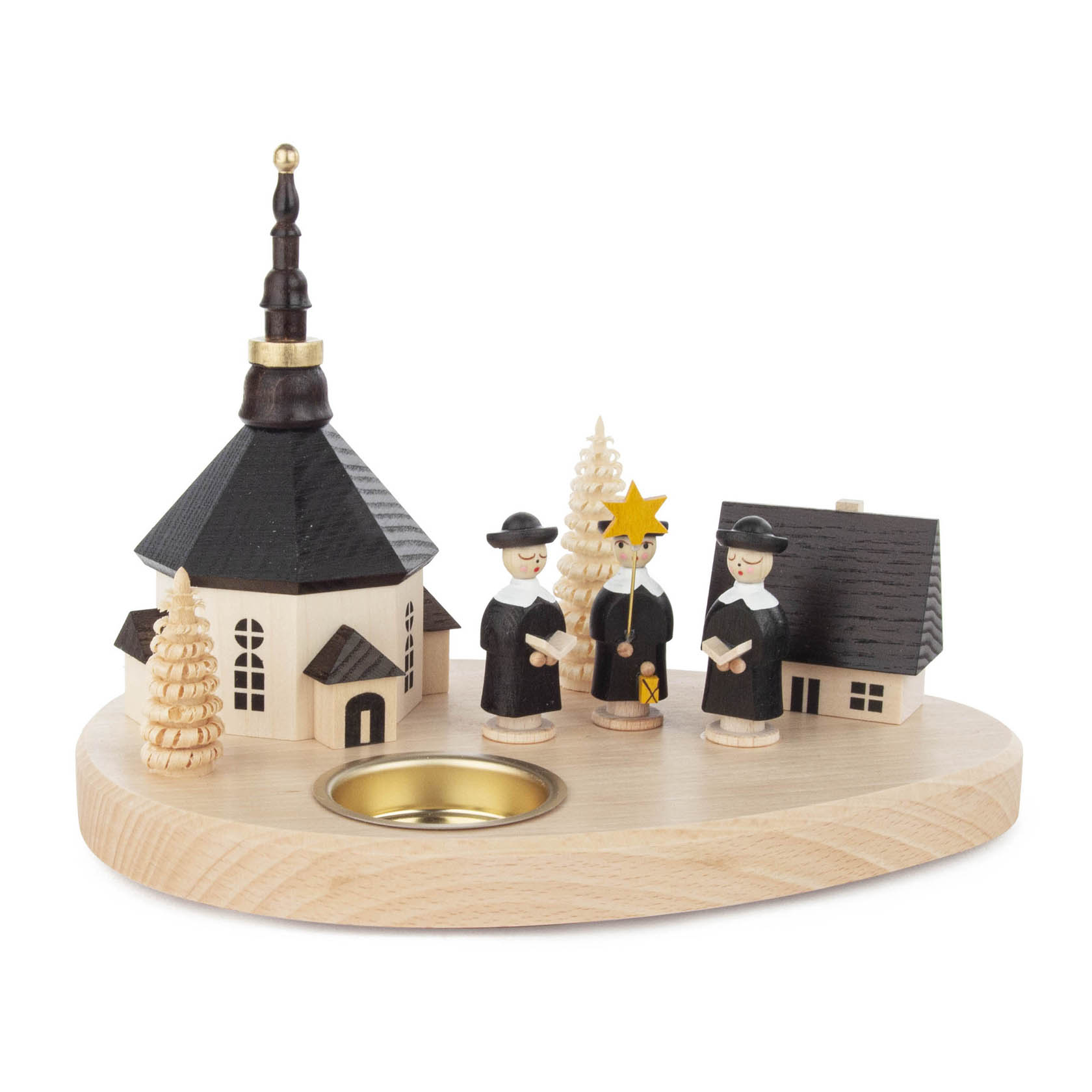 Teelichthalter mit Seiffener Kirche, zwei Holzhäusern, zwei Bäumen und drei Kurrendesängern mit Stern aus Holz. im Dregeno Online Shop günstig kaufen