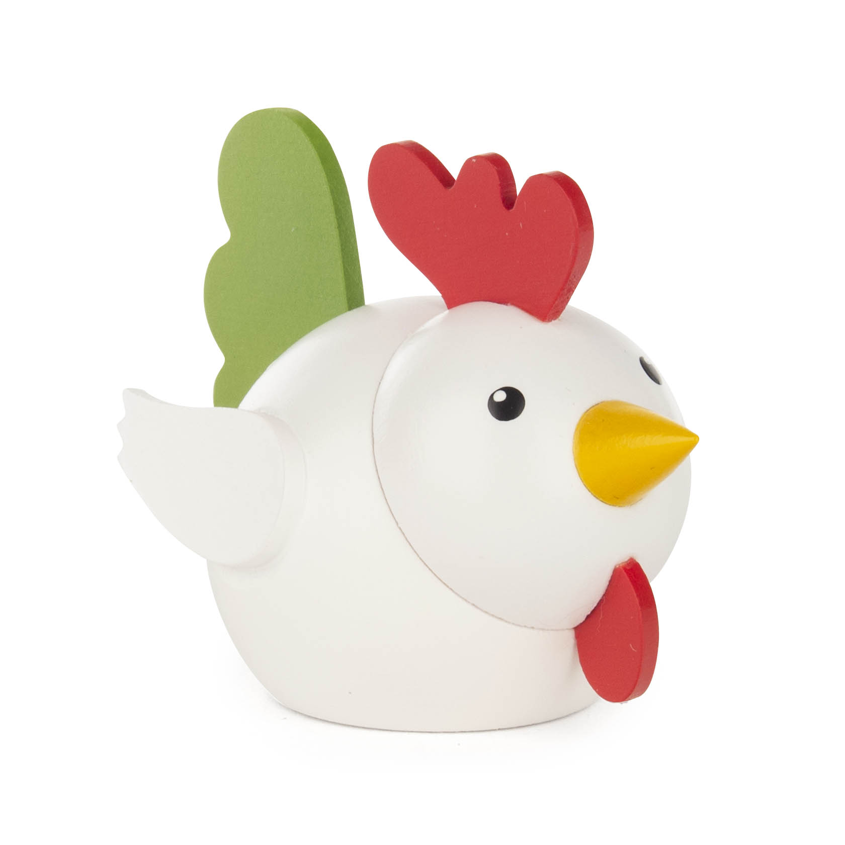 Eine dekorative Huhnfigur aus Holz mit weißem Körper, grünen Flügeln, roten Hahnenkamm und gelbem Schnabel, passend für einen Vario-Leuchter. im Dregeno Online Shop günstig kaufen