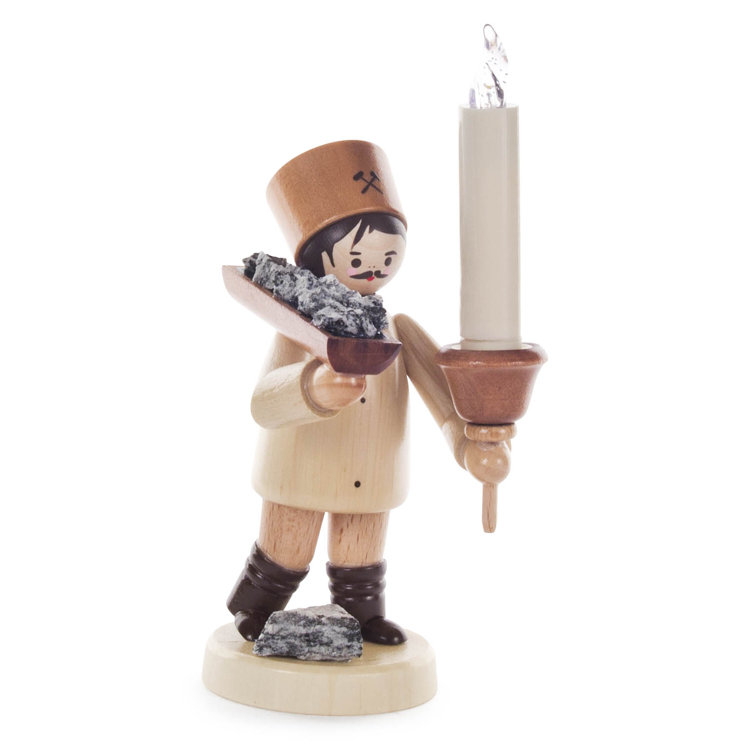 Holzfigur eines Bergmanns mit Erzschale in der linken Hand und einer LUMIX LED-Kerze rechts. im Dregeno Online Shop günstig kaufen