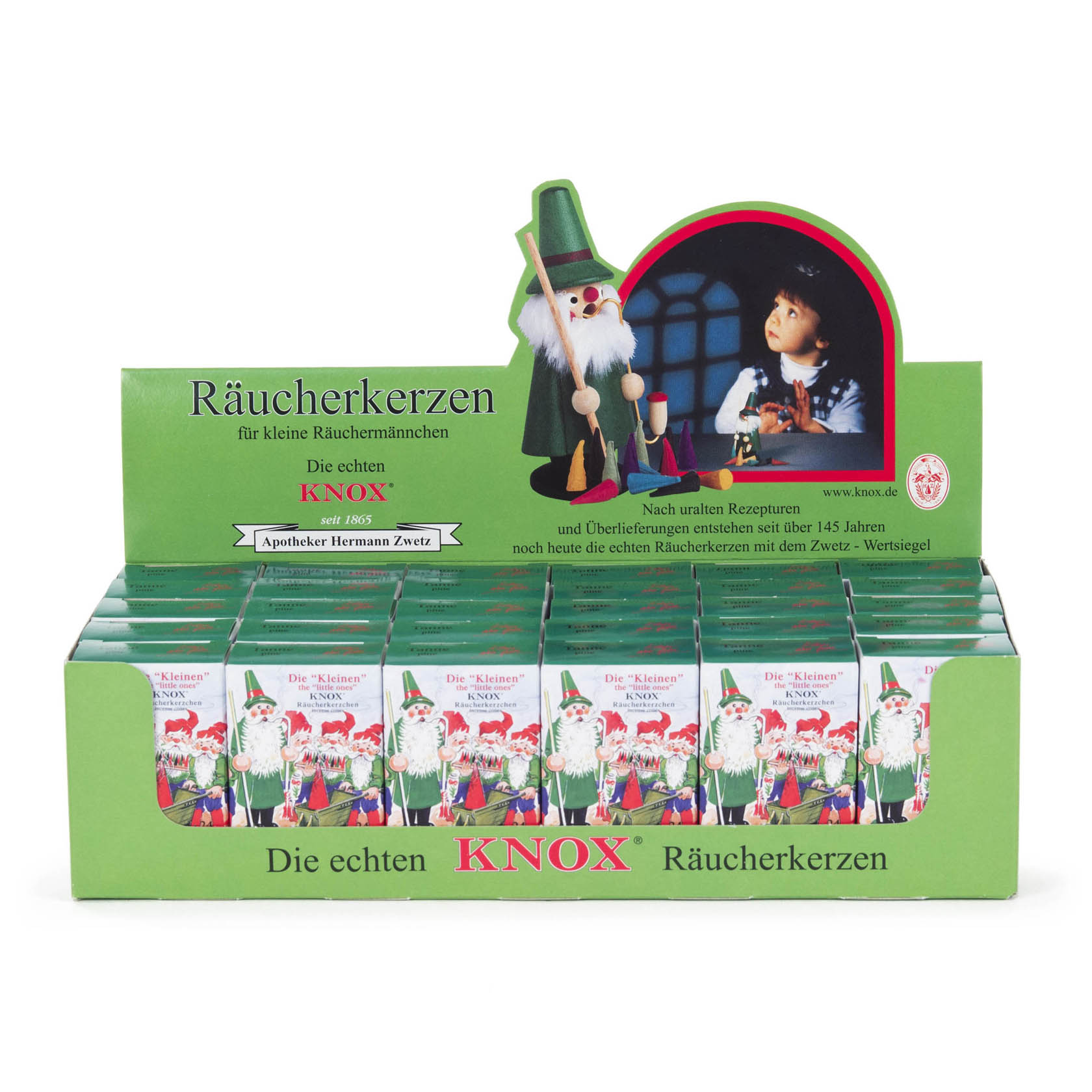 Ein Verkaufsdisplay mit KNOX Mini-Räucherkerzen. Auf jeder der 30 Schachteln sind ein Wichtelmotiv und der Text 'Die echten KNOX Räucherkerzen' zu sehen. im Dregeno Online Shop günstig kaufen