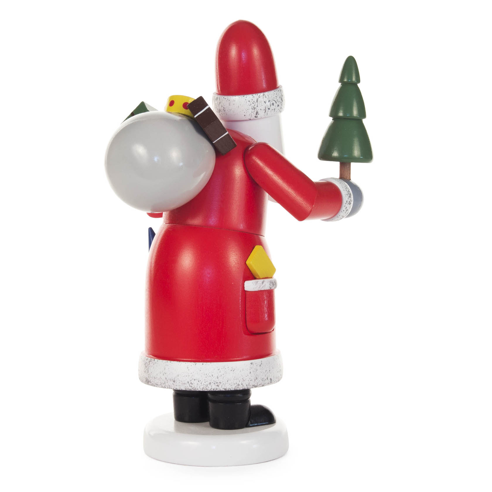 Ein Räuchermann in Form eines Weihnachtsmannes, gekleidet in einem roten Mantel, hält einen Miniaturtannenbaum. Am Rücken trägt er einen Sack.