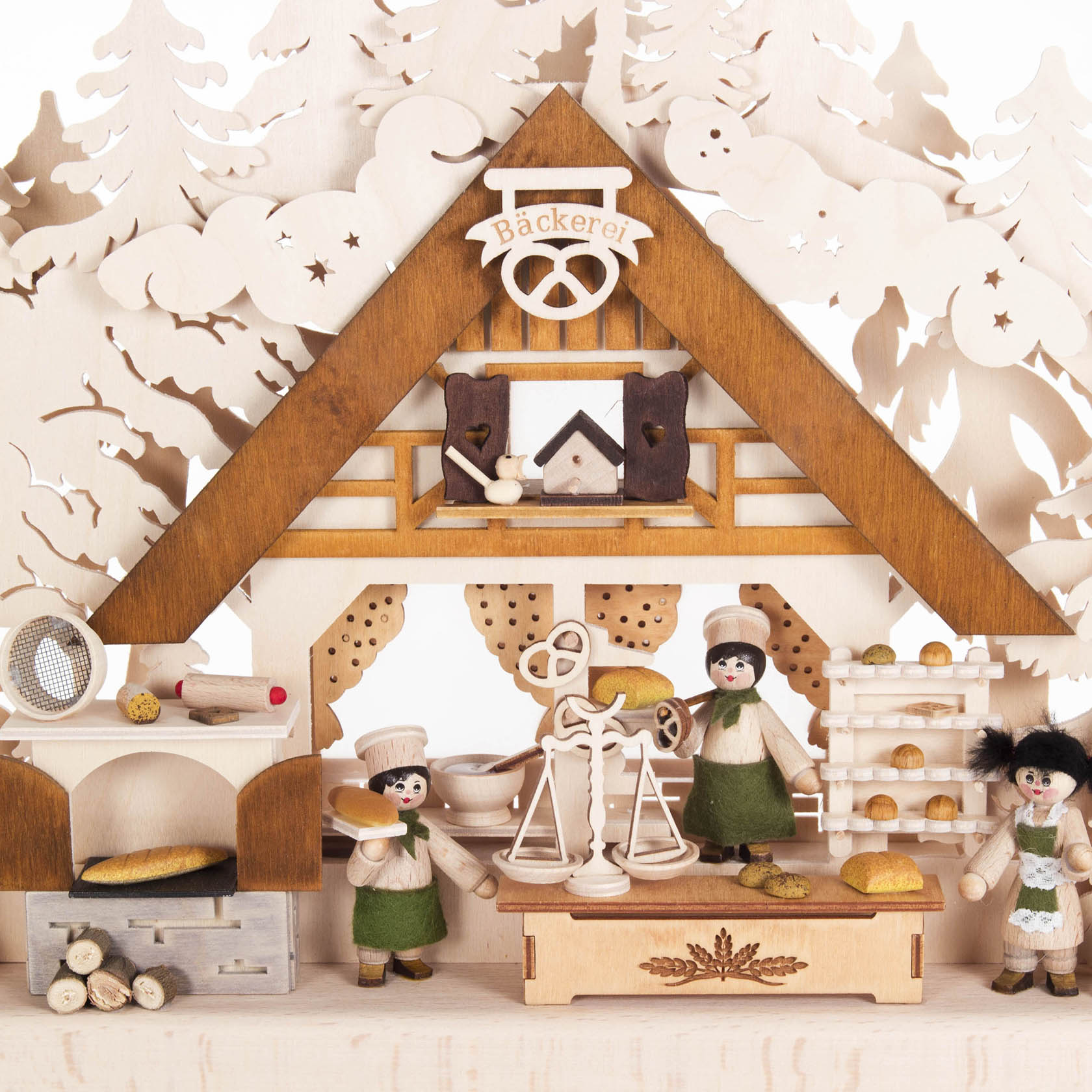 Holz-Schwibbogen mit Bäckerei-Motiv, Bäckerfiguren und Bäckereiprodukten. Indirekt elektrisch beleuchtet, zeigt gebackene Brote und Brezeln.