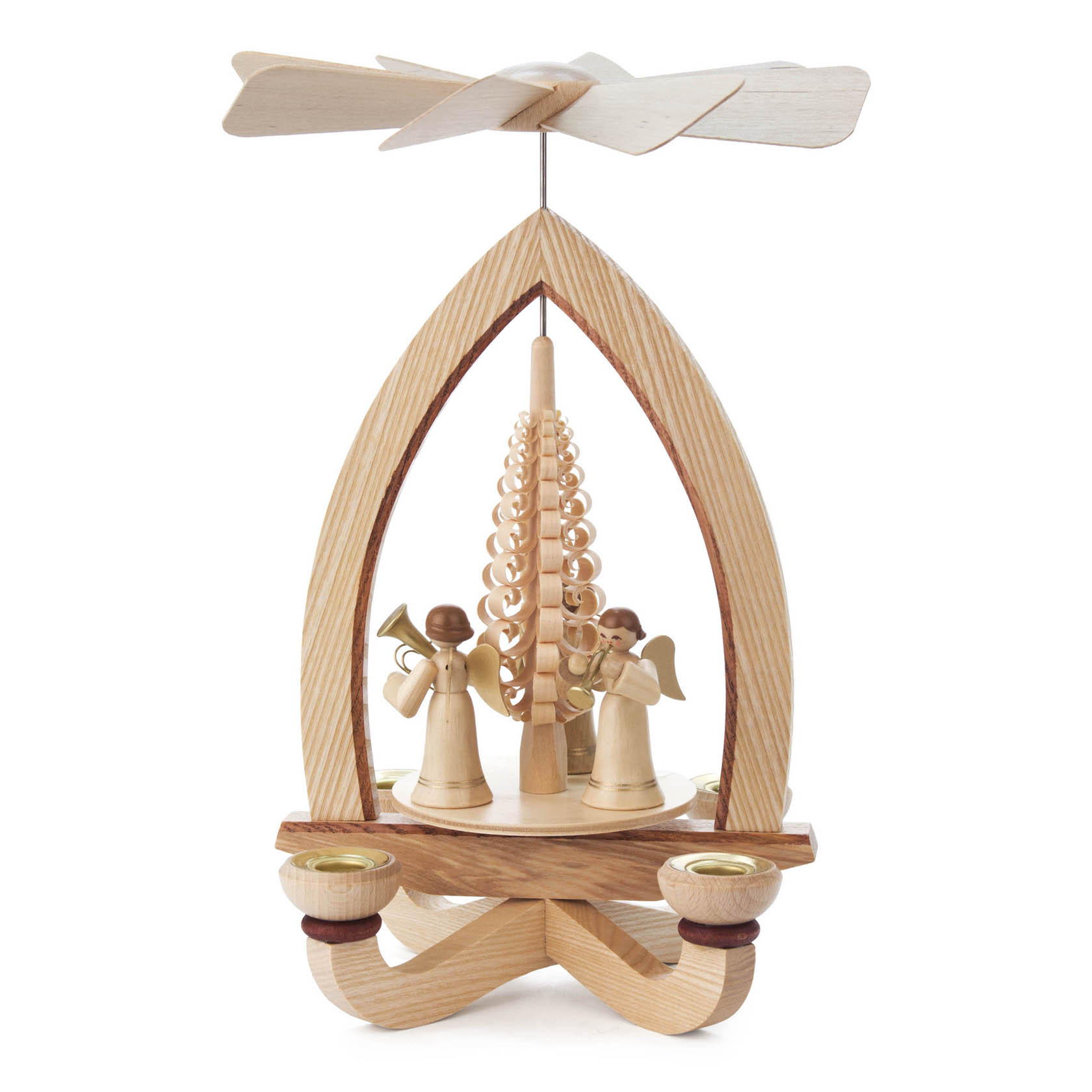 Holz-Pyramide mit zwei Engeln, die Instrumente spielen, und spiralförmigem Element in der Mitte, Kerzenhalter links und rechts. im Dregeno Online Shop günstig kaufen
