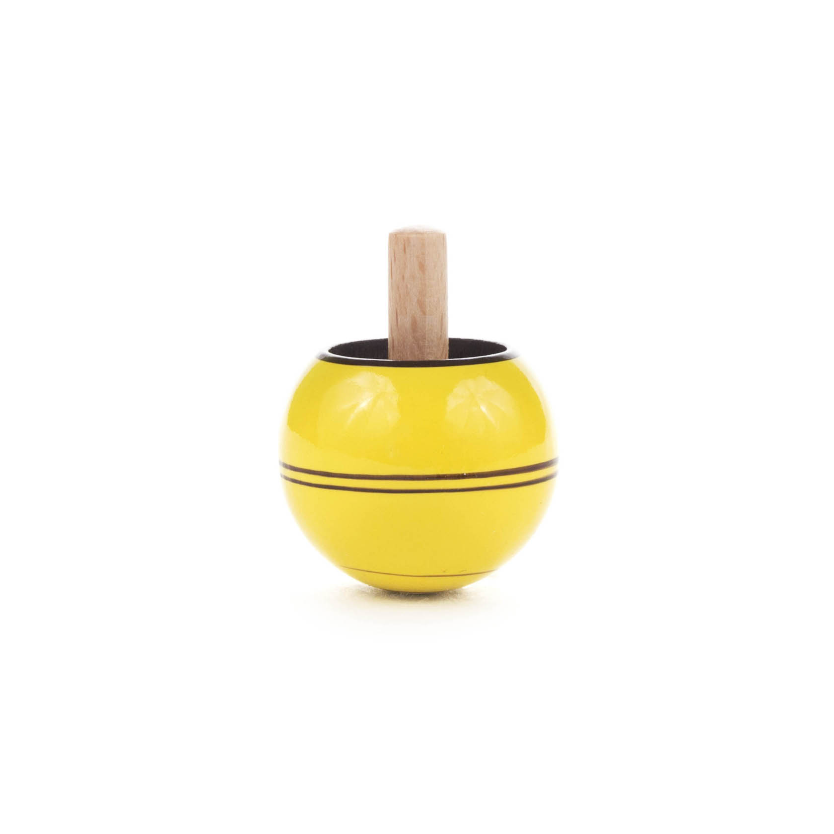 Gelber Steh-Auf-Kreisel mit zwei schwarzen Streifen und einem Holzgriff. im Dregeno Online Shop günstig kaufen