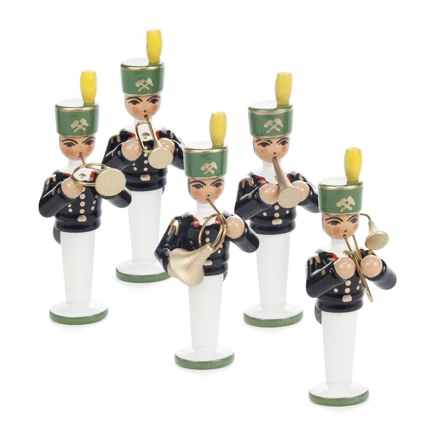 Fünf Holzfiguren in Bergmannsuniform, jede mit grünem Hut und gelbem Federbusch. Jede Figur hält ein Musikinstrument: Trompete, Tuba, Horn und weitere Blechblasinstrumente. im Dregeno Online Shop günstig kaufen