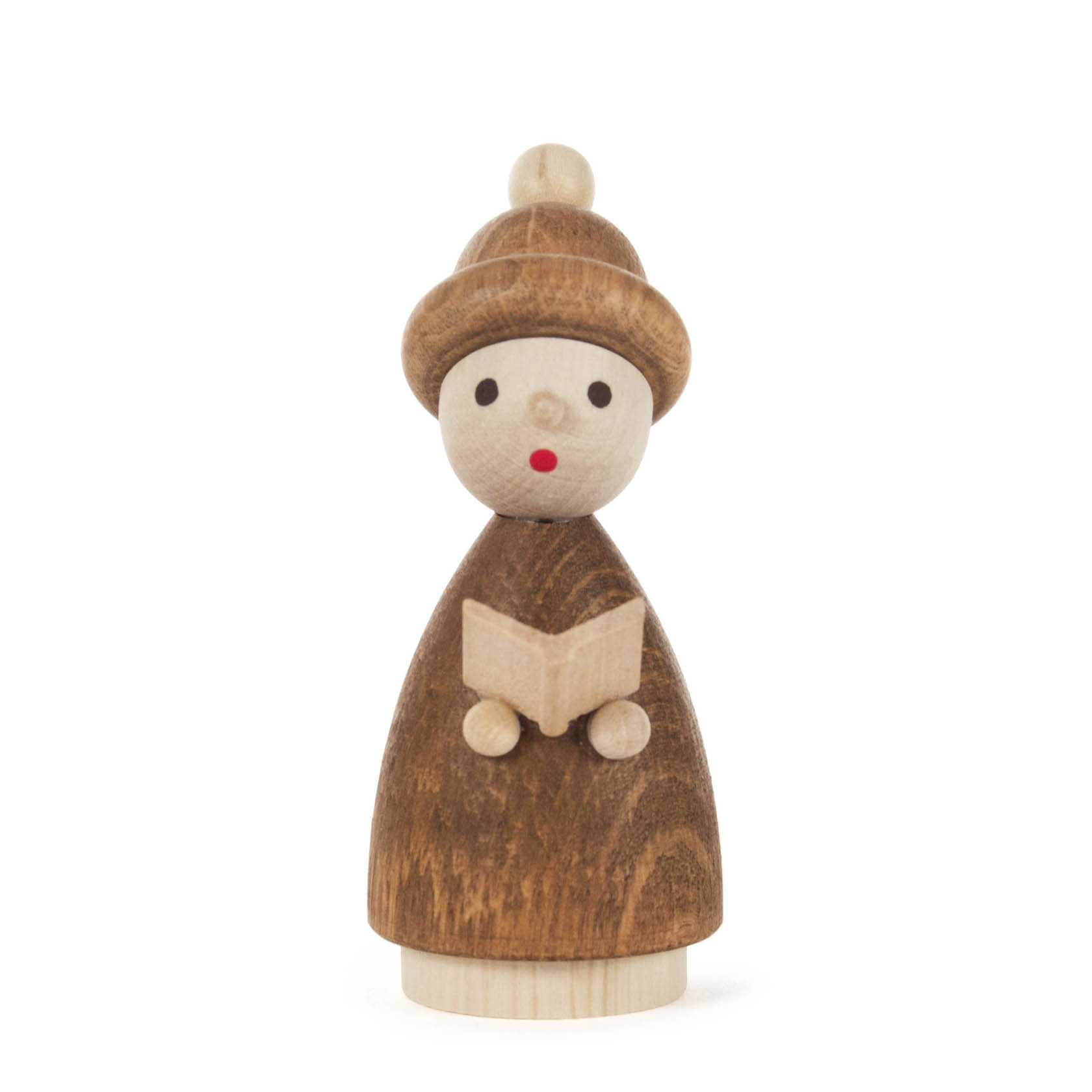 Holzfigur eines Kurrendekinds in braunem Gewand mit Mütze, hält ein Buch in den Händen. im Dregeno Online Shop günstig kaufen