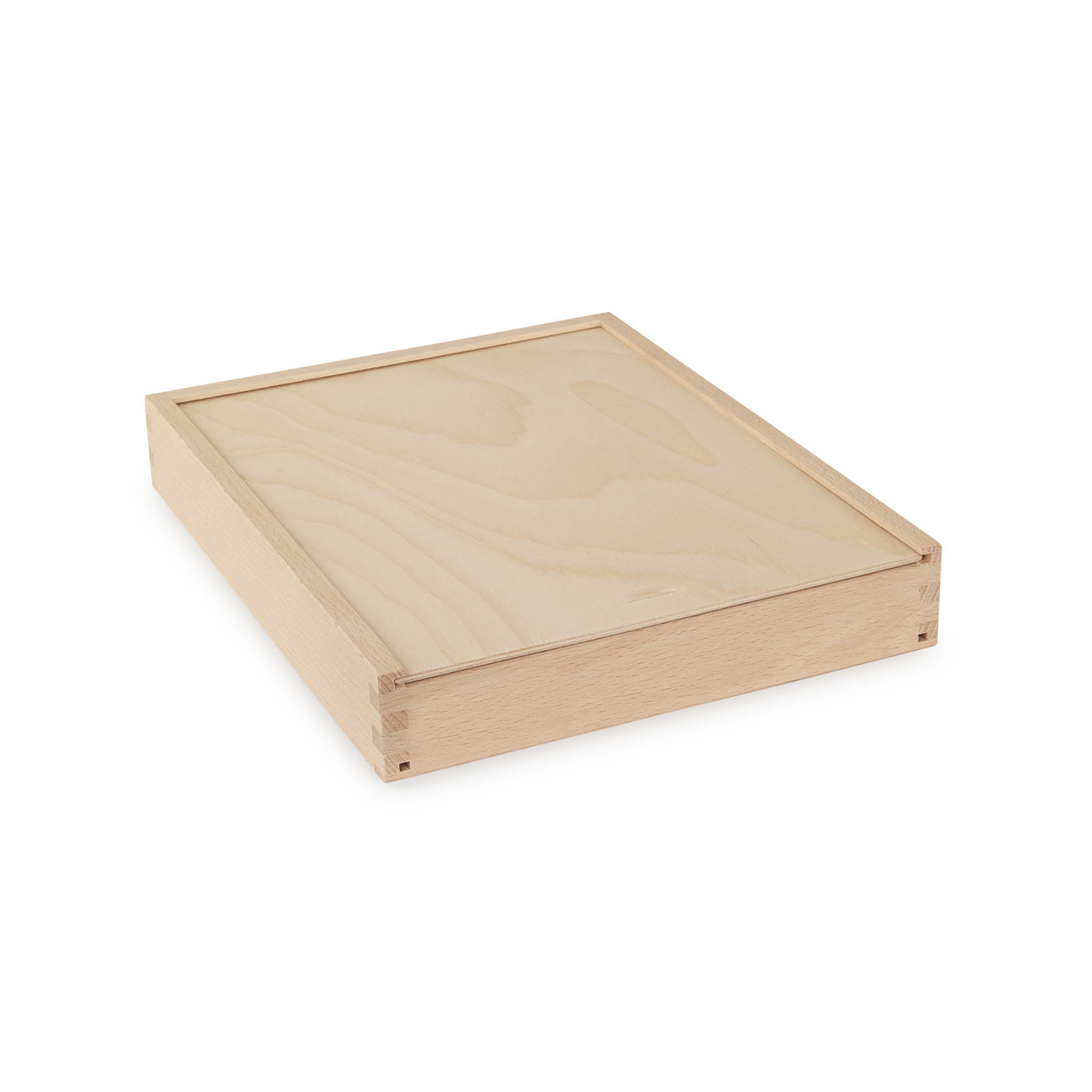 Rechteckiger Holzkasten mit einem Deckel, heller Holzfarbe. Kasten ist flach und hat präzise Kanten. im Dregeno Online Shop günstig kaufen