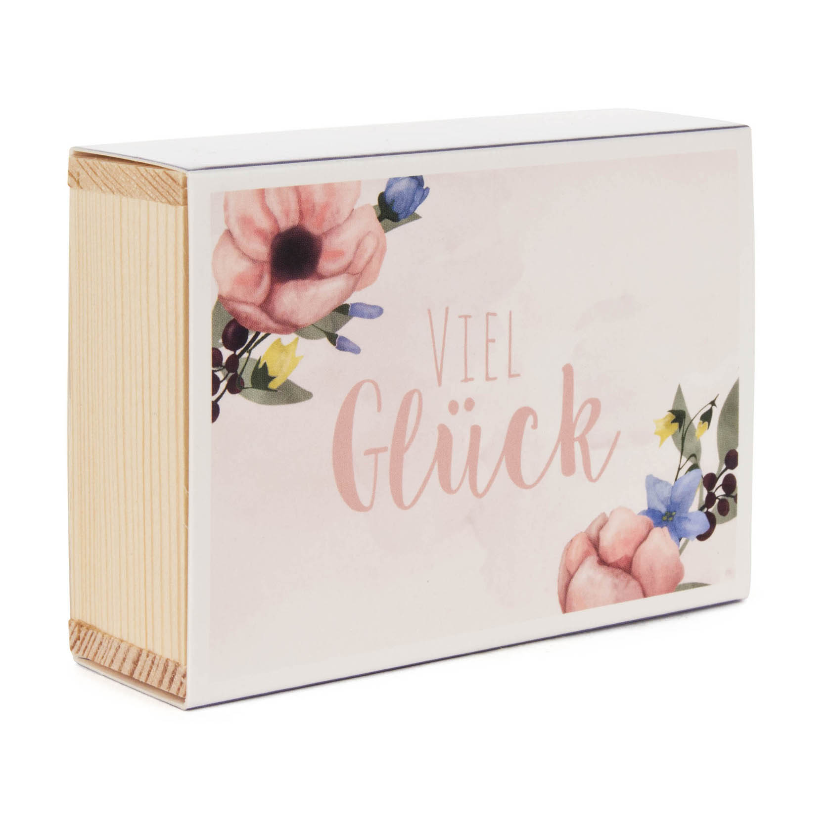 Eine dekorative Schachtel mit Blumenmotiv und der Aufschrift 'Viel Glück' für ein Brautpaar.