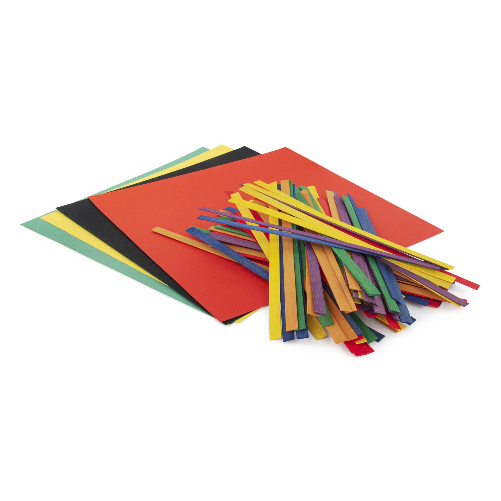 A collection of thin wooden sticks in various colors and sheets of colored paper in green, black, red and yellow.