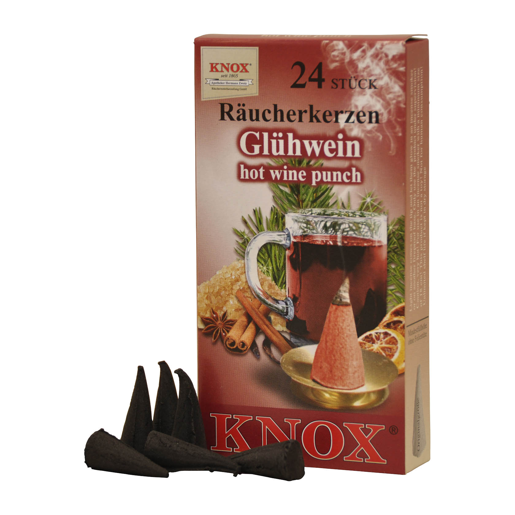 Verpackung von KNOX Räucherkerzen mit Glühwein-Duft und brennende Räucherkerzen in Form eines kleinen Kegelstumpfes davor. im Dregeno Online Shop günstig kaufen