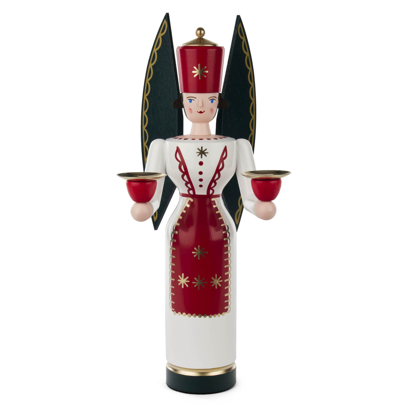 A colorful wooden angel figure, 29 cm tall, with a red and white outfit, gold details, holding two red cups, and with dark green wings. im Dregeno Online Shop günstig kaufen