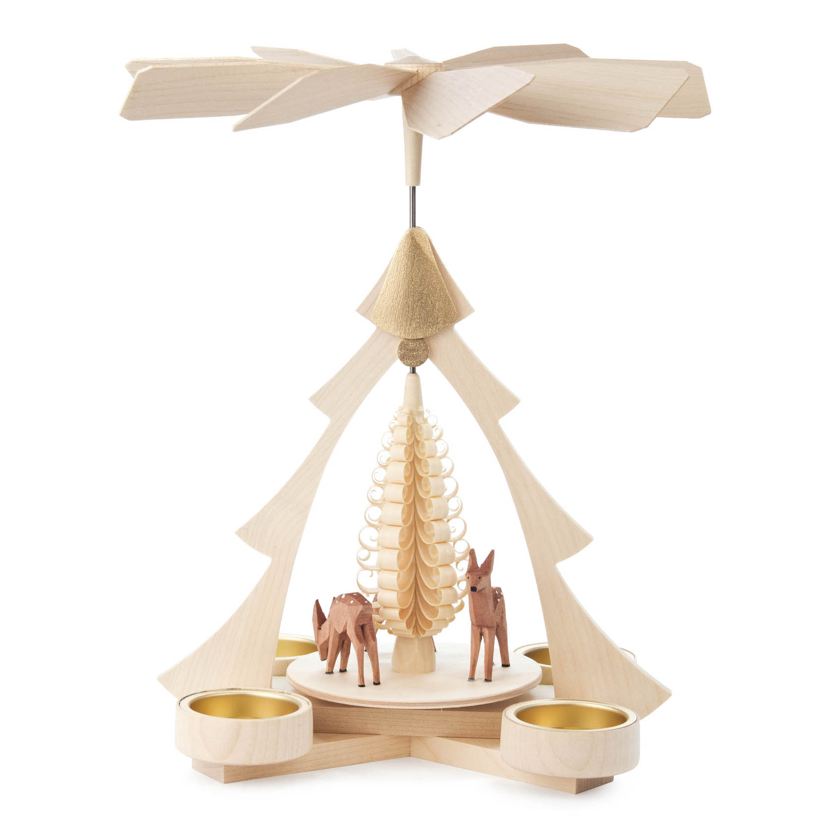 Holzpyramide mit Teelichthalter, verziert mit kleinen Holzfiguren von Rehen und einem Tannenbaum in der Mitte. im Dregeno Online Shop günstig kaufen