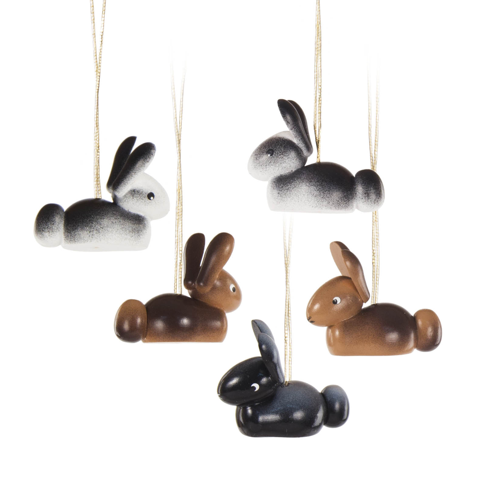 Fünf kleine hängende Hasenfiguren in verschiedenen Farben: zwei weiße, zwei braune und ein schwarzer Hase, alle mit langen Ohren. im Dregeno Online Shop günstig kaufen