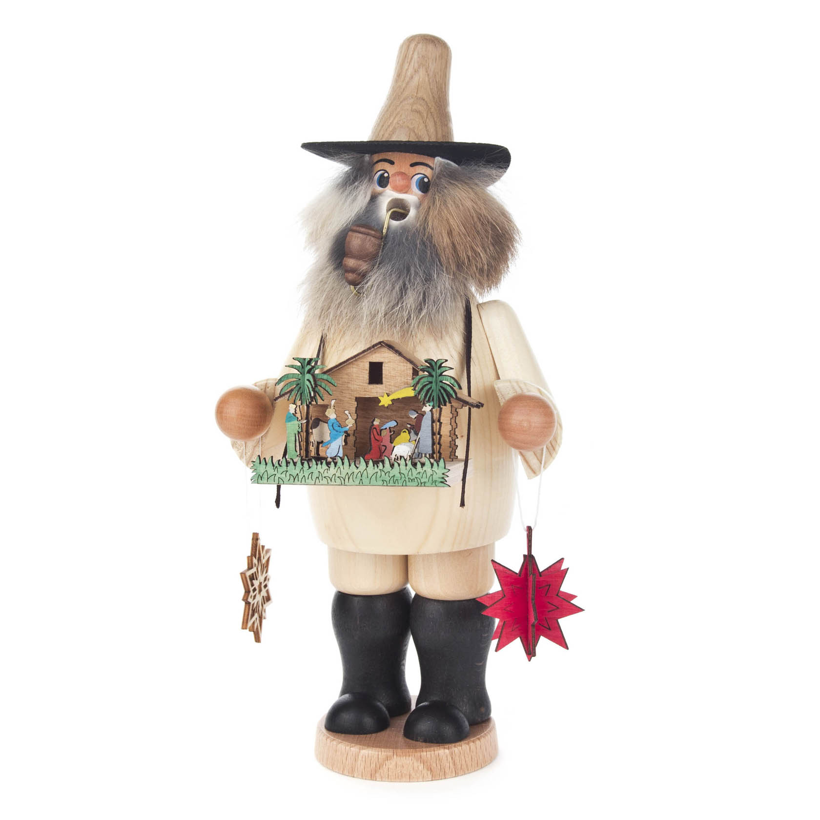 Ein hölzerner Räuchermann mit weißem Bart und Hut, der ein bemaltes Krippenhaus in der Hand hält, sowie zwei Weihnachtssterne. im Dregeno Online Shop günstig kaufen