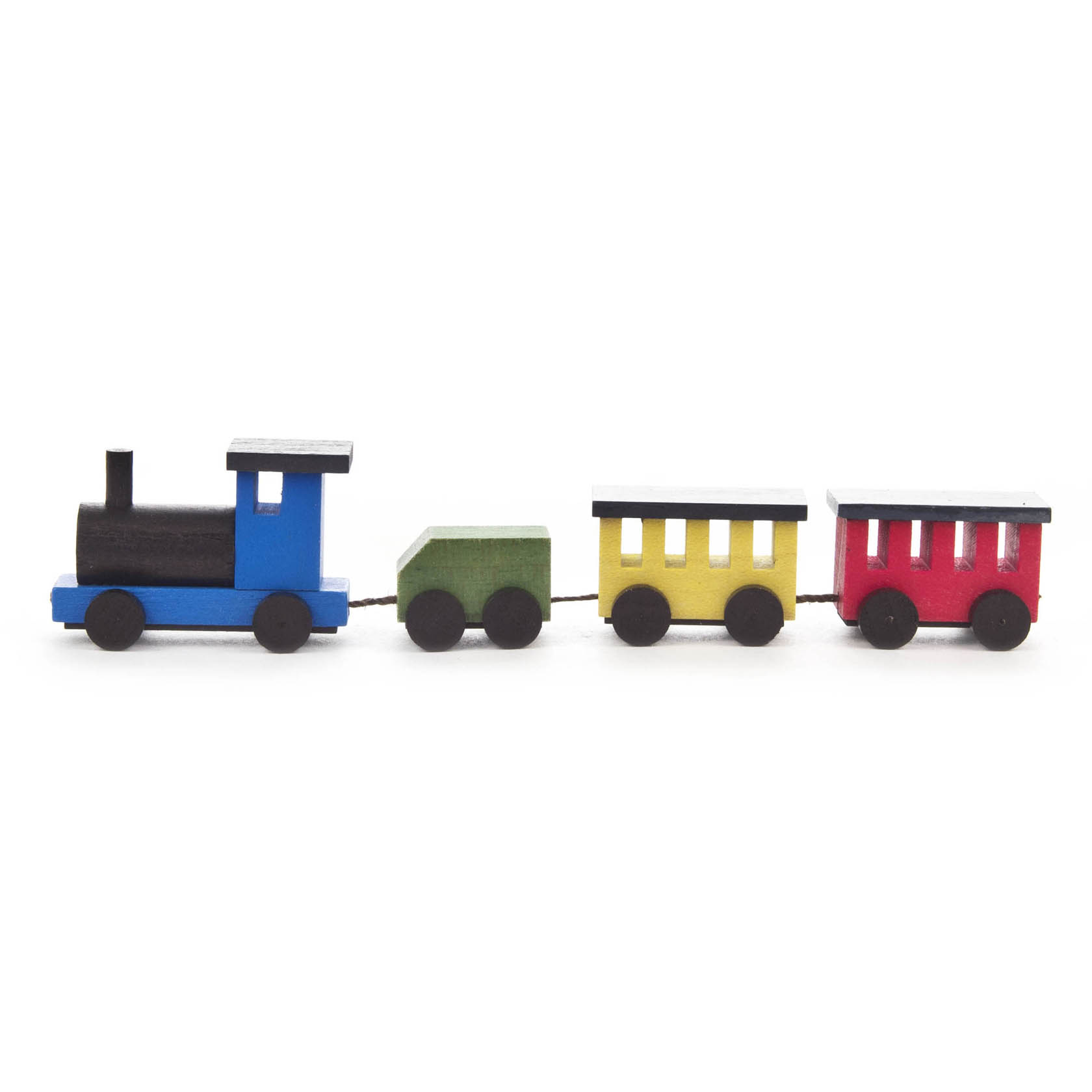 Spielzeug-Eisenbahn aus Holz mit blauem Zug und grünen, gelben sowie roten Waggons.