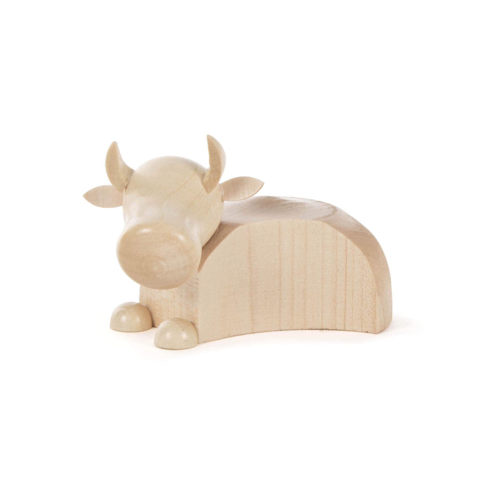 Moderne, minimalistische Holzskulptur eines liegenden Ochsen, naturbelassen mit glatter Oberfläche und simplifizierten Merkmalen. im Dregeno Online Shop günstig kaufen
