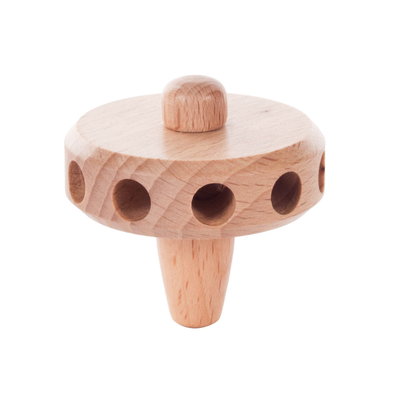 A wooden top with a round, flat upper part and a conical lower part. The top has evenly spaced large holes around its perimeter.