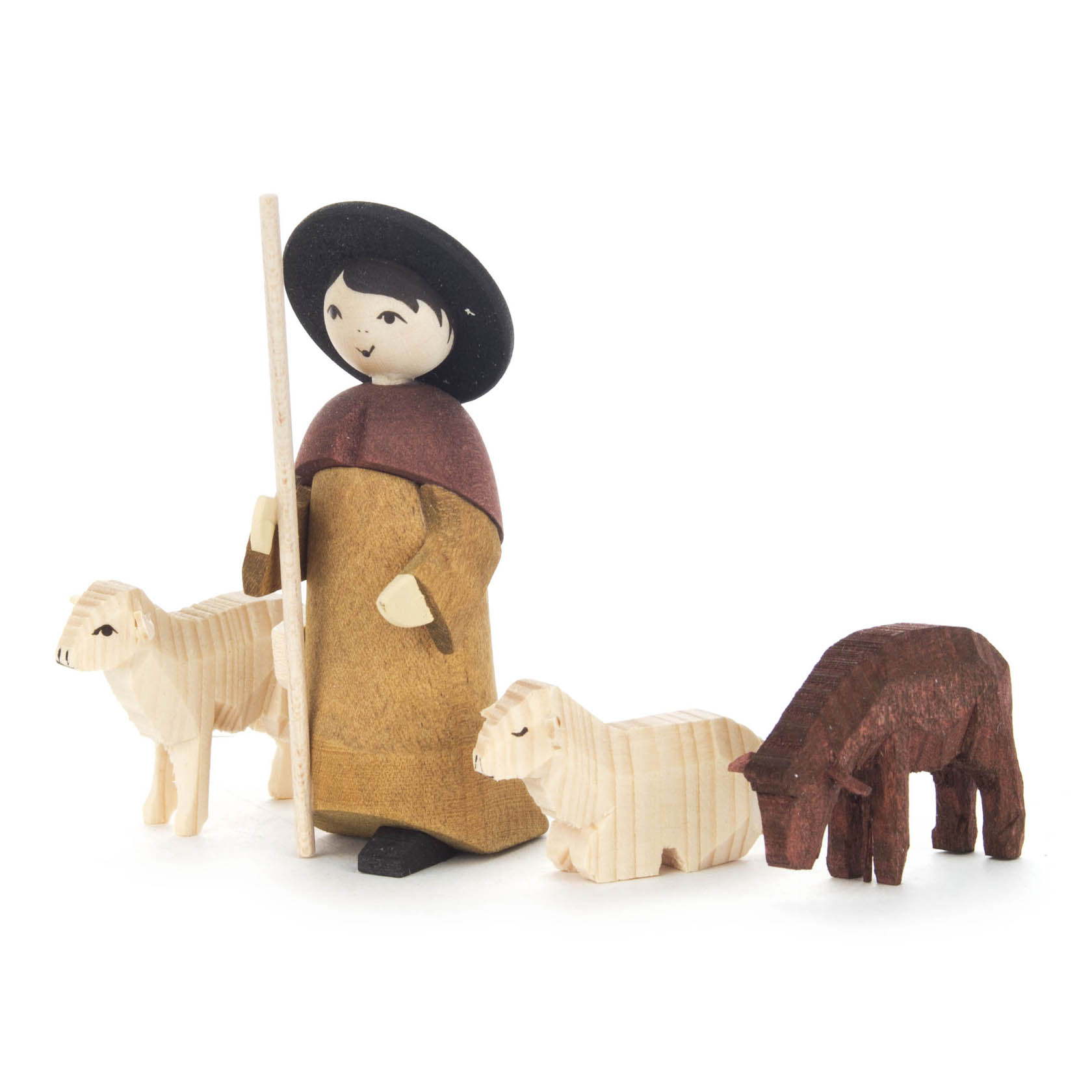 Holzfigur eines Hirten mit schwarzem Hut und braunem Mantel, der einen Stock hält, begleitet von drei Schafen in Beige, Braun und Naturholz. im Dregeno Online Shop günstig kaufen