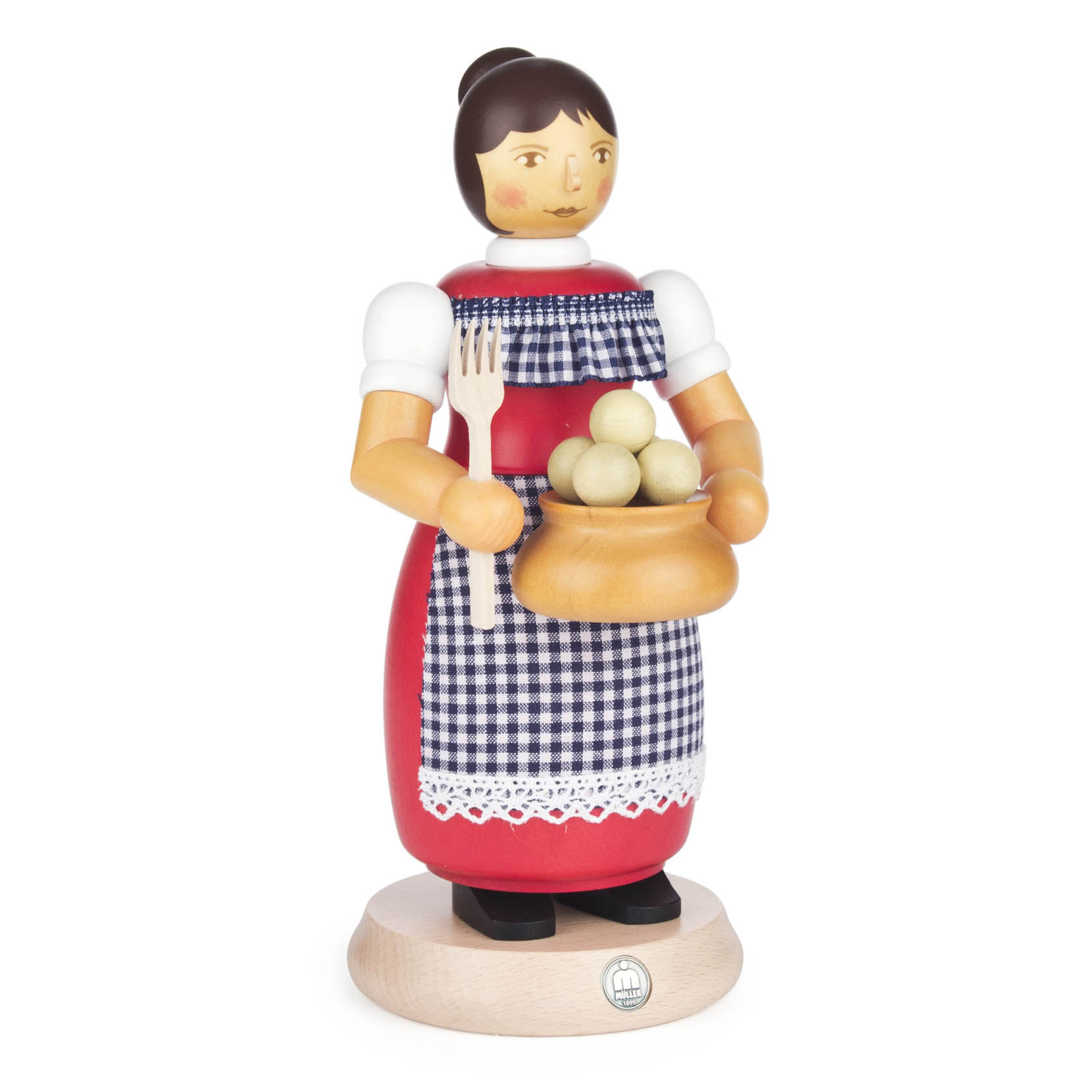 Holzfigur einer Frau in traditioneller Kleidung mit kariertem Schurz, die eine Schüssel mit Kloßen und eine Gabel hält. im Dregeno Online Shop günstig kaufen