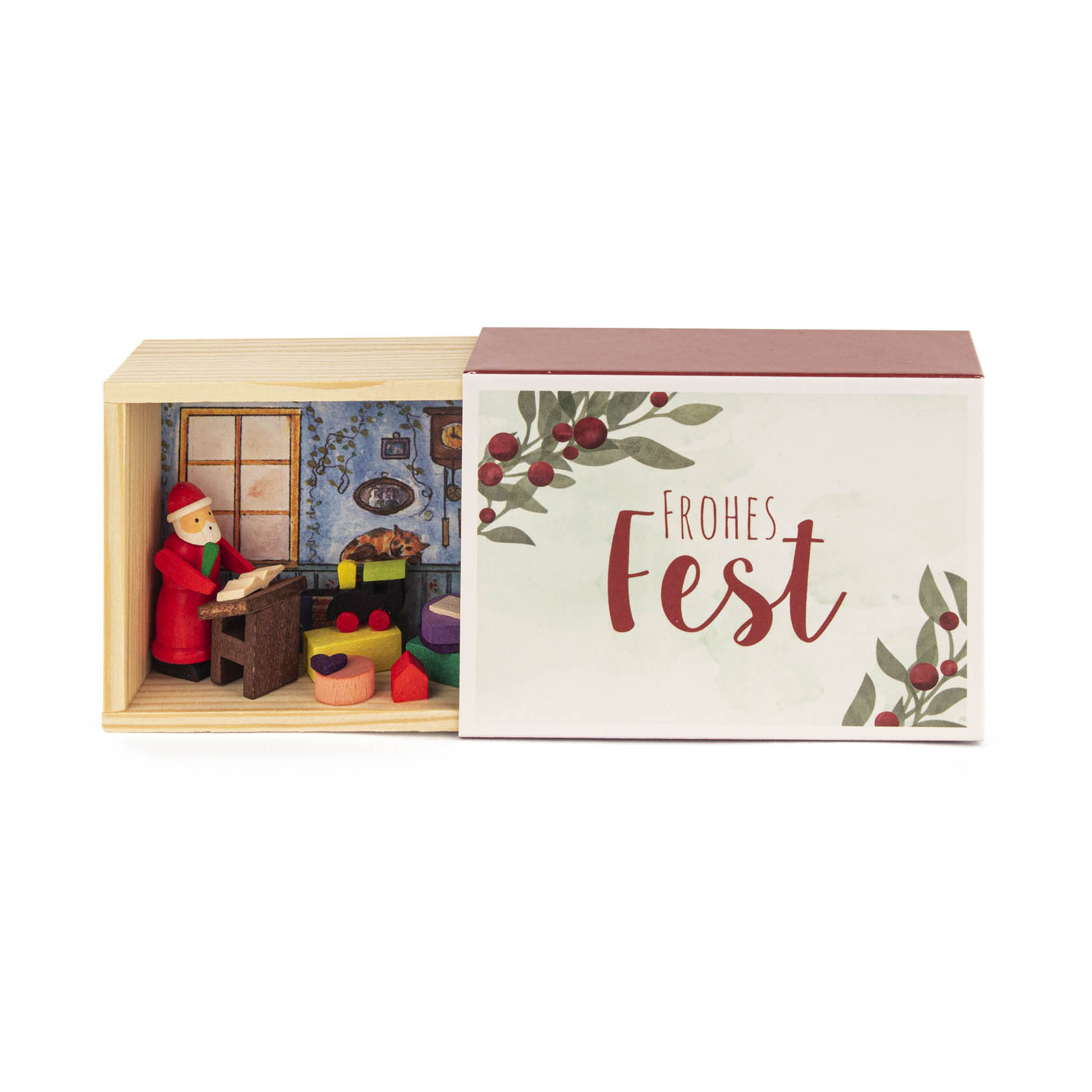 Ein kleines Holzkästchen mit einem herausziehbaren Schieber. Im Inneren steht ein Weihnachtsmann mit einem Wunschzettel. im Dregeno Online Shop günstig kaufen