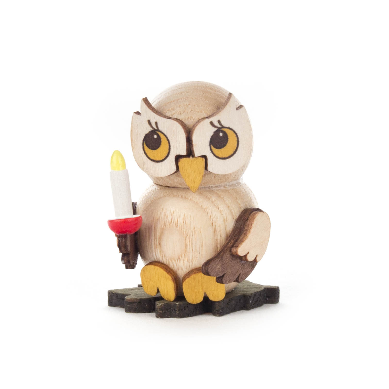 Holzfigur einer Eule mit großen Augen, die eine Kerze in einem roten Halter in ihren Flügeln hält. im Dregeno Online Shop günstig kaufen