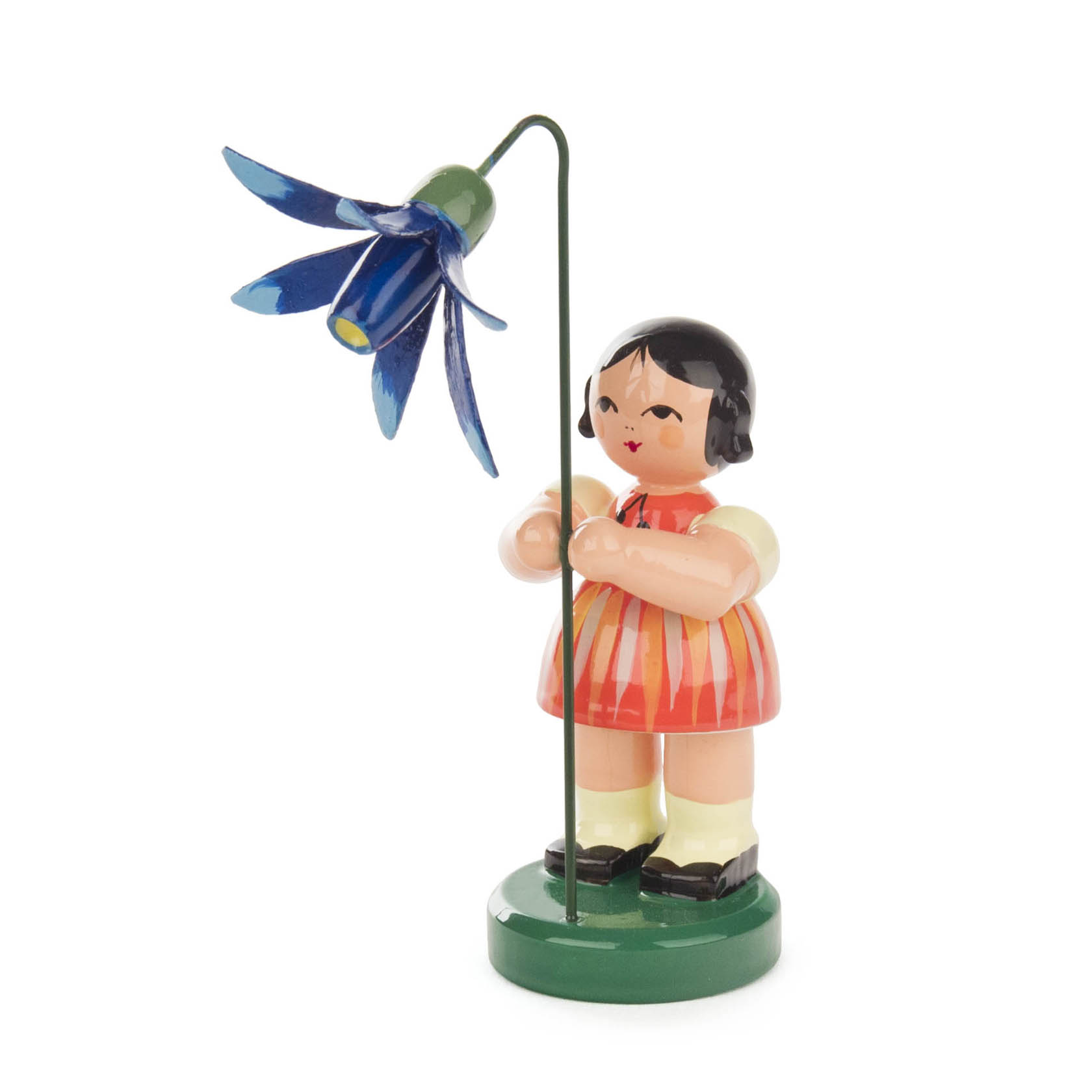 Holzfigur eines Mädchens mit orange gestreiftem Kleid, das eine blaue, glockenförmige Blume auf einem Stab hält. im Dregeno Online Shop günstig kaufen