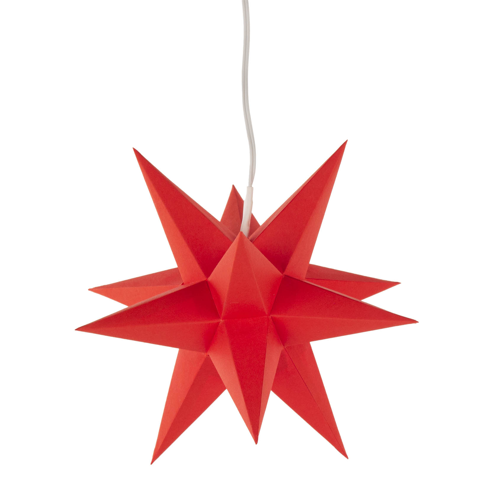 Roter, einfarbiger Mini-Adventsstern mit zehn symmetrischen Zacken, ausgestattet mit elektrischer Beleuchtung und weißem Kabel. im Dregeno Online Shop günstig kaufen